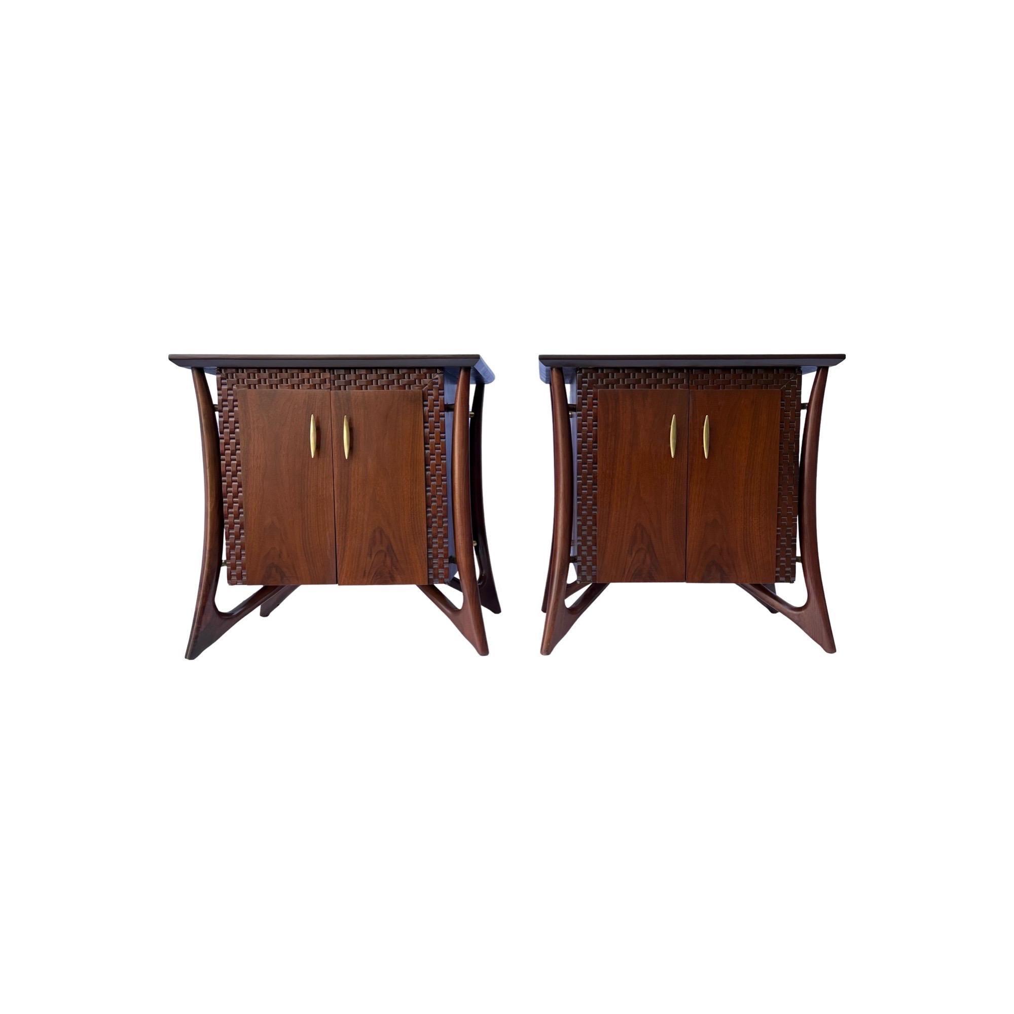 Introducing a captivating pair of mid-century modern nightstands from the renowned designer Piet Hein's collection. Crafted with meticulous attention to detail, these stunning walnut and brass nightstands exude timeless elegance. Featuring a