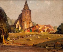 "Hay Bales in Front of a Church" Piet Lippens (Belgian, 1890-1981)