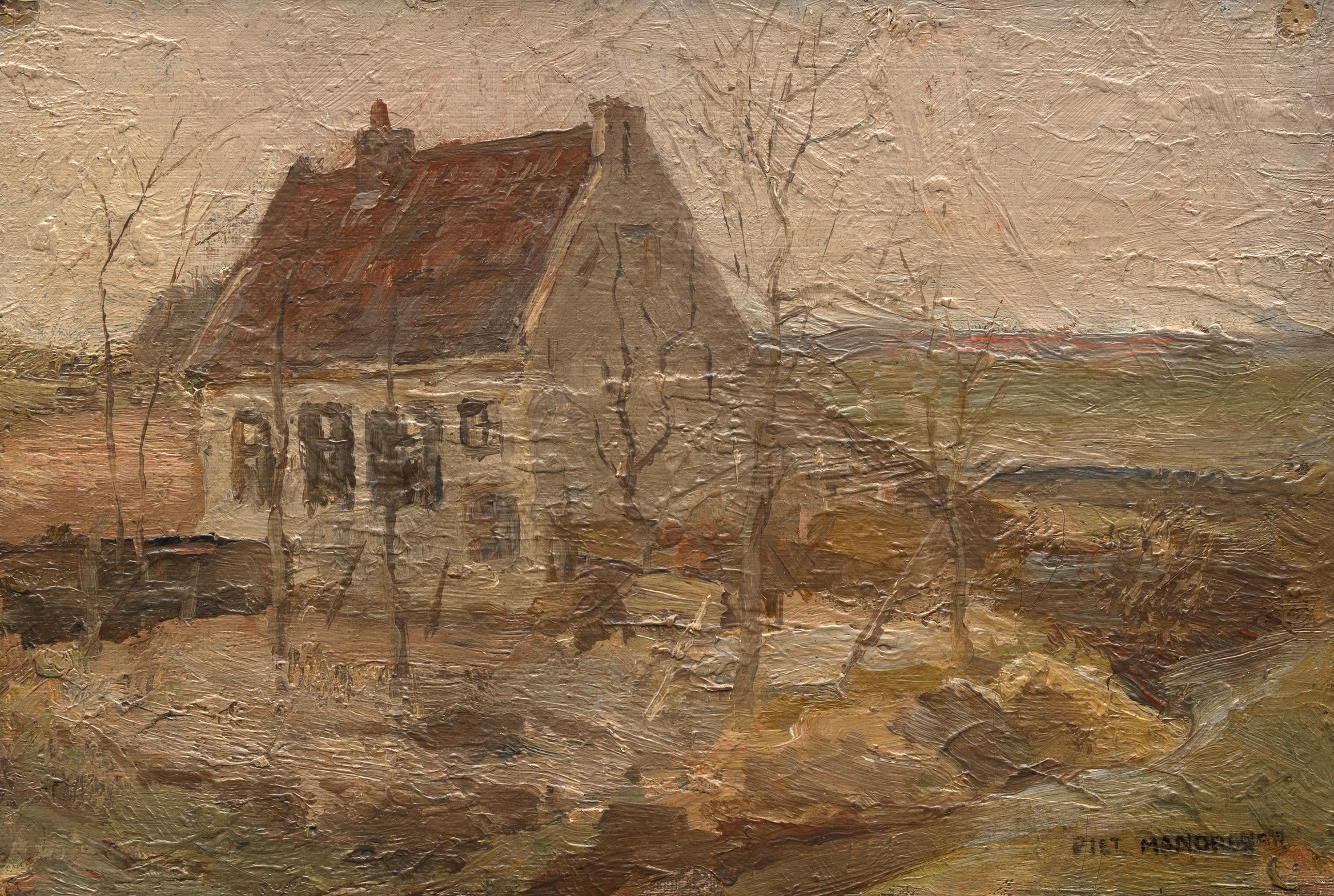 House in the Countryside - Impressionist Oil Painting, c. 1888 - Black Landscape Painting by Piet Mondrian