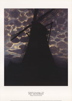 Vintage 1996 After Piet Mondrian 'Windmill at Night' Modernism Black, Gray Lithograph