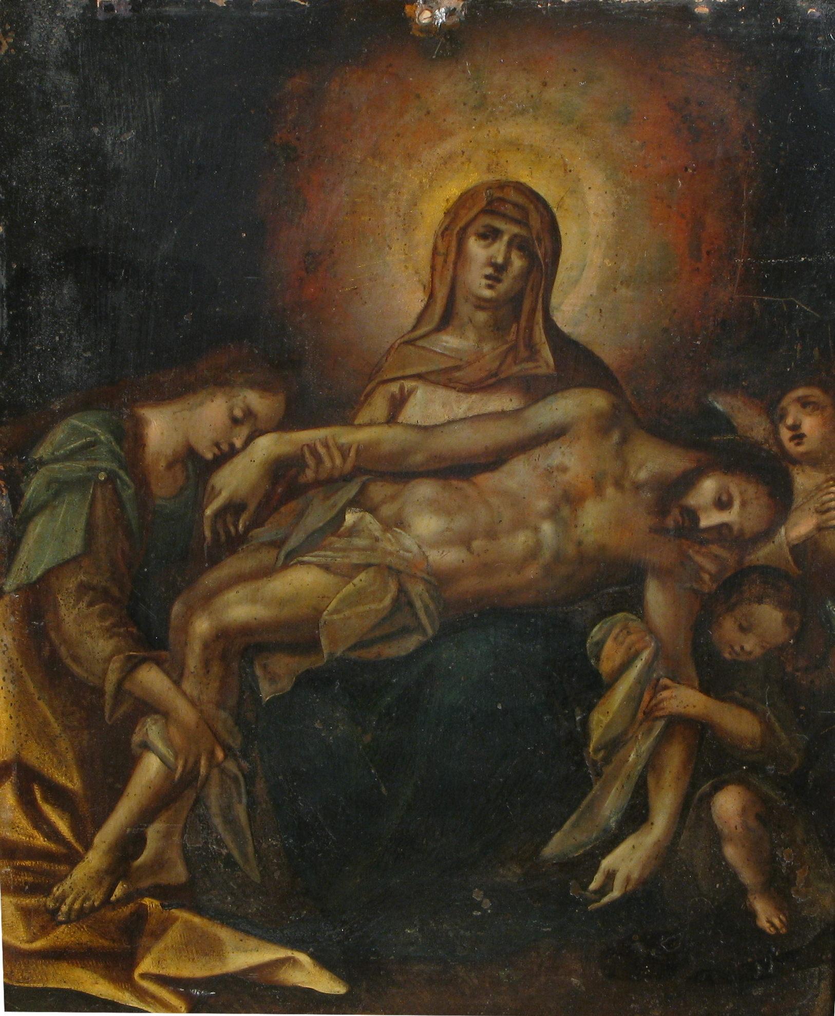 Pieta, oil painting on copper,  Northern Italy, 17th century

In the foreground is The Dead Christ, lifeless and limply reclining on Mary's knees, supported and adored by a woman who, kneeling on the left side of the composition, touches his hand