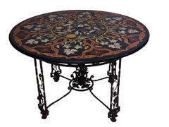 Pietra Dura Inlaid Stone and Wrought Iron Garden or Center Table, Italian 1930s