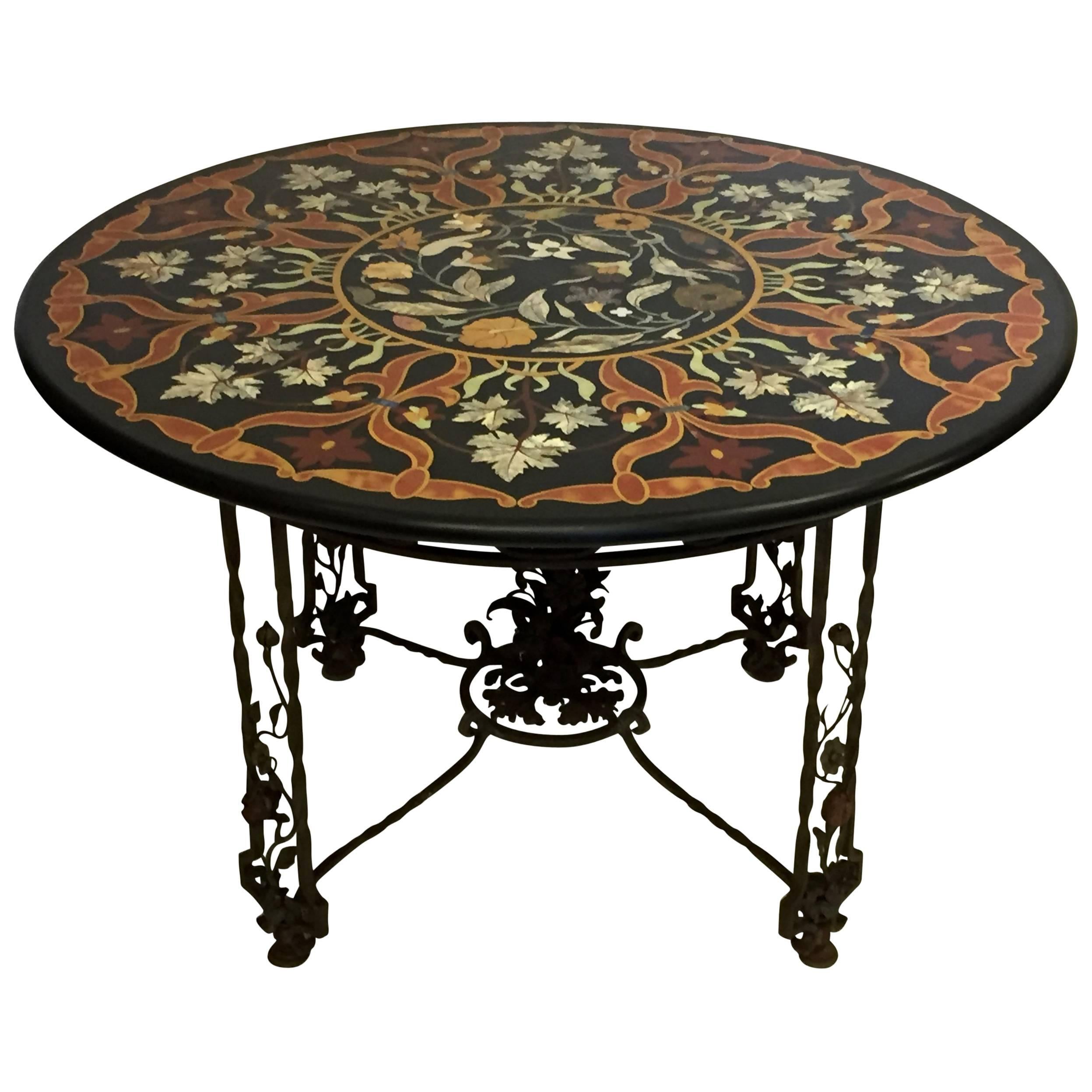 Pietra Dura Inlaid Stone and Wrought Iron Garden or Center Table, Italian 1930s