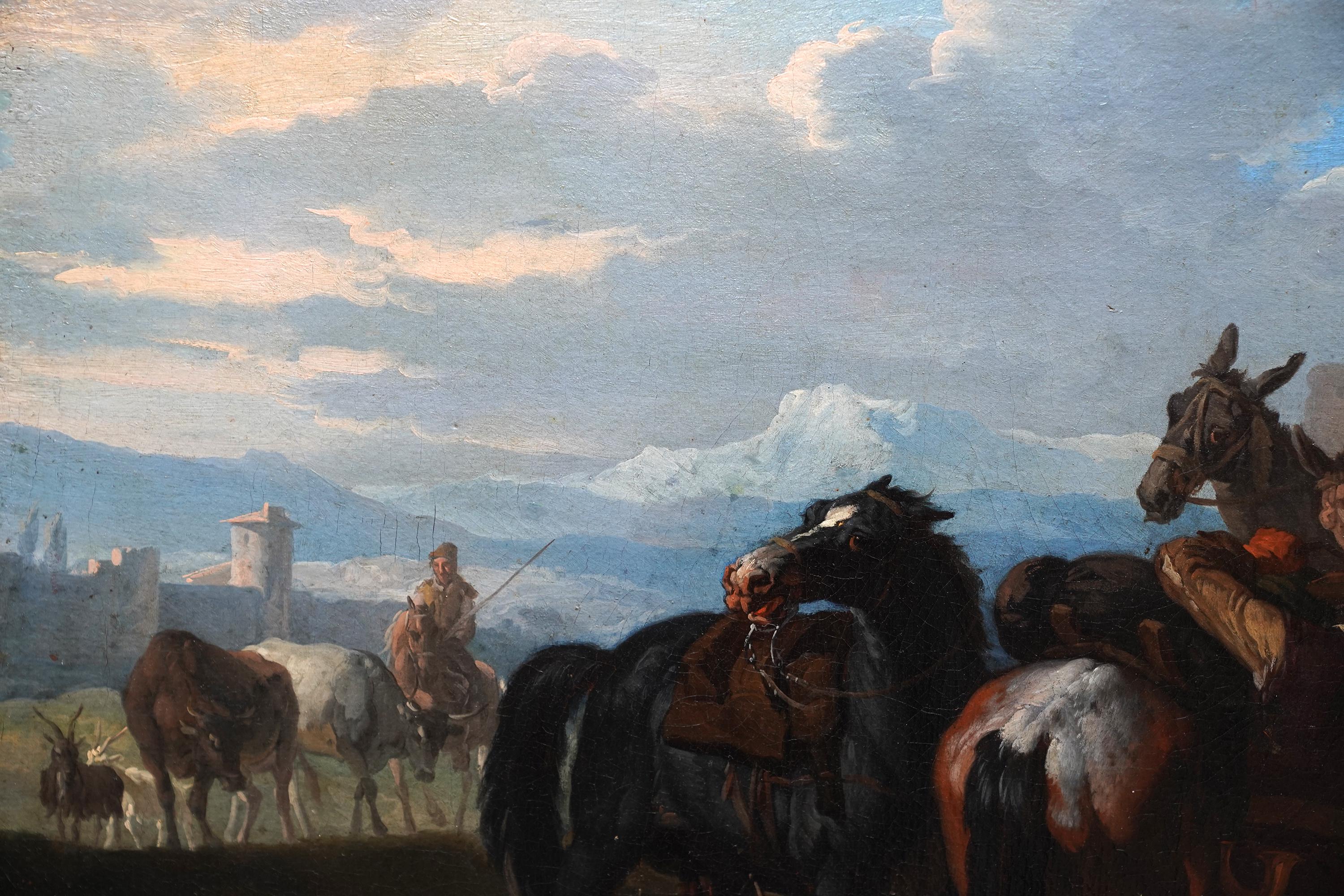 Voyageurs et calèche dans un paysage hollandais du 17e siècle  Peinture à l'huile de l'âge doré en vente 7