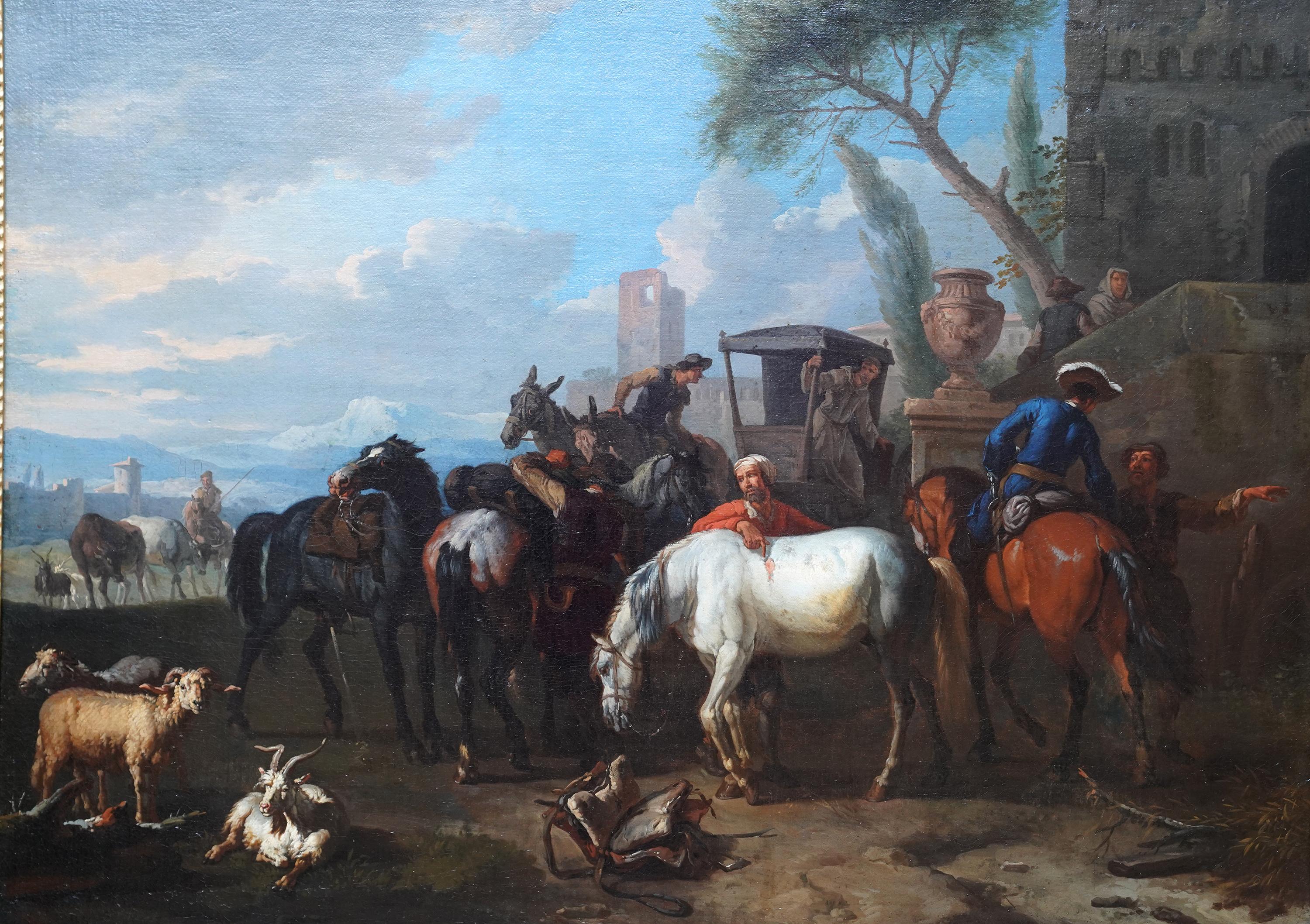 Voyageurs et calèche dans un paysage hollandais du 17e siècle  Peinture à l'huile de l'âge doré en vente 11