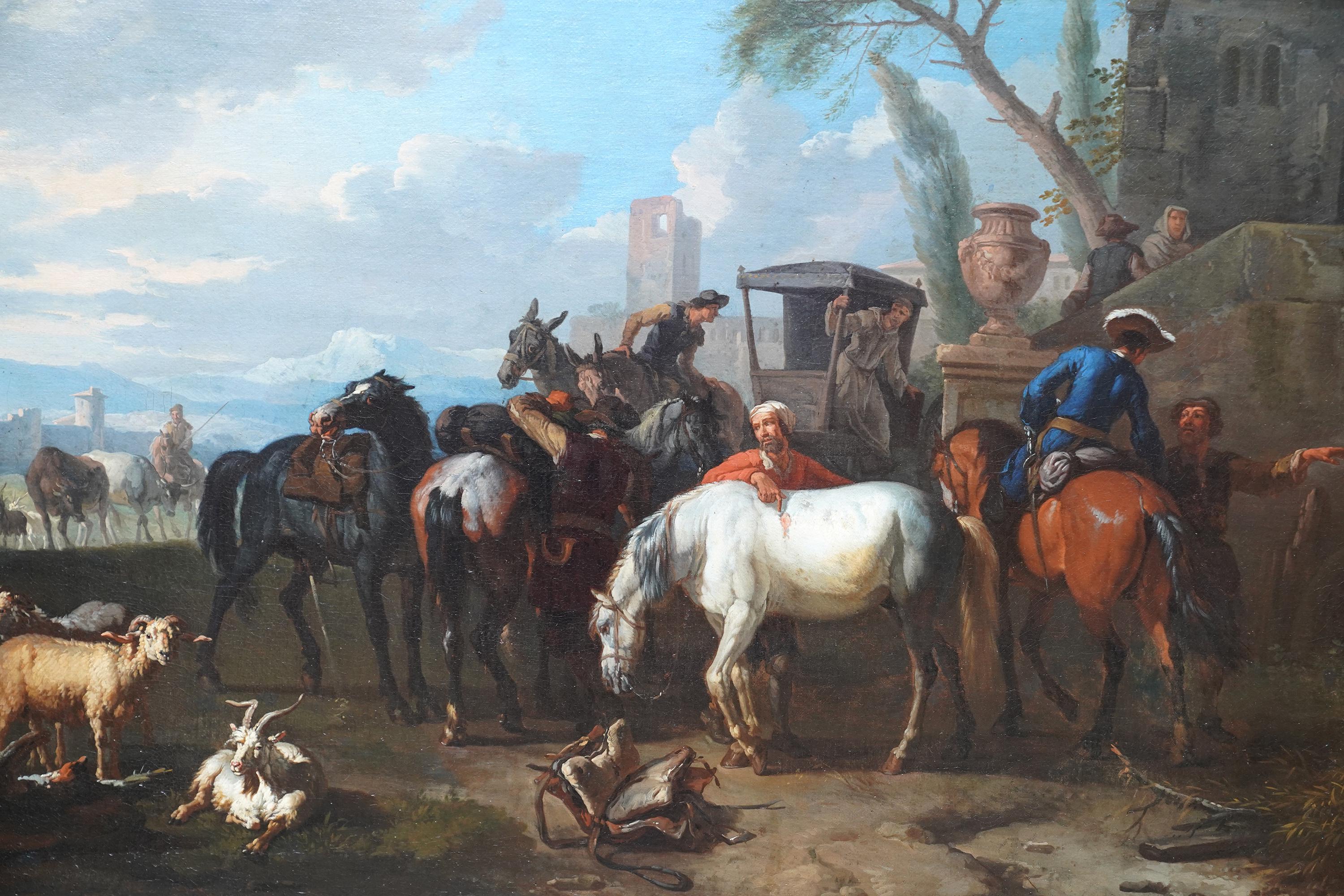 This superb Dutch Old Master Golden Age oil painting is attributed to Pieter Bodding van Laer. Painted circa 1635 the composition is a group of travellers who have stopped to rest. In the foreground men are tending to the tired horses whilst behind