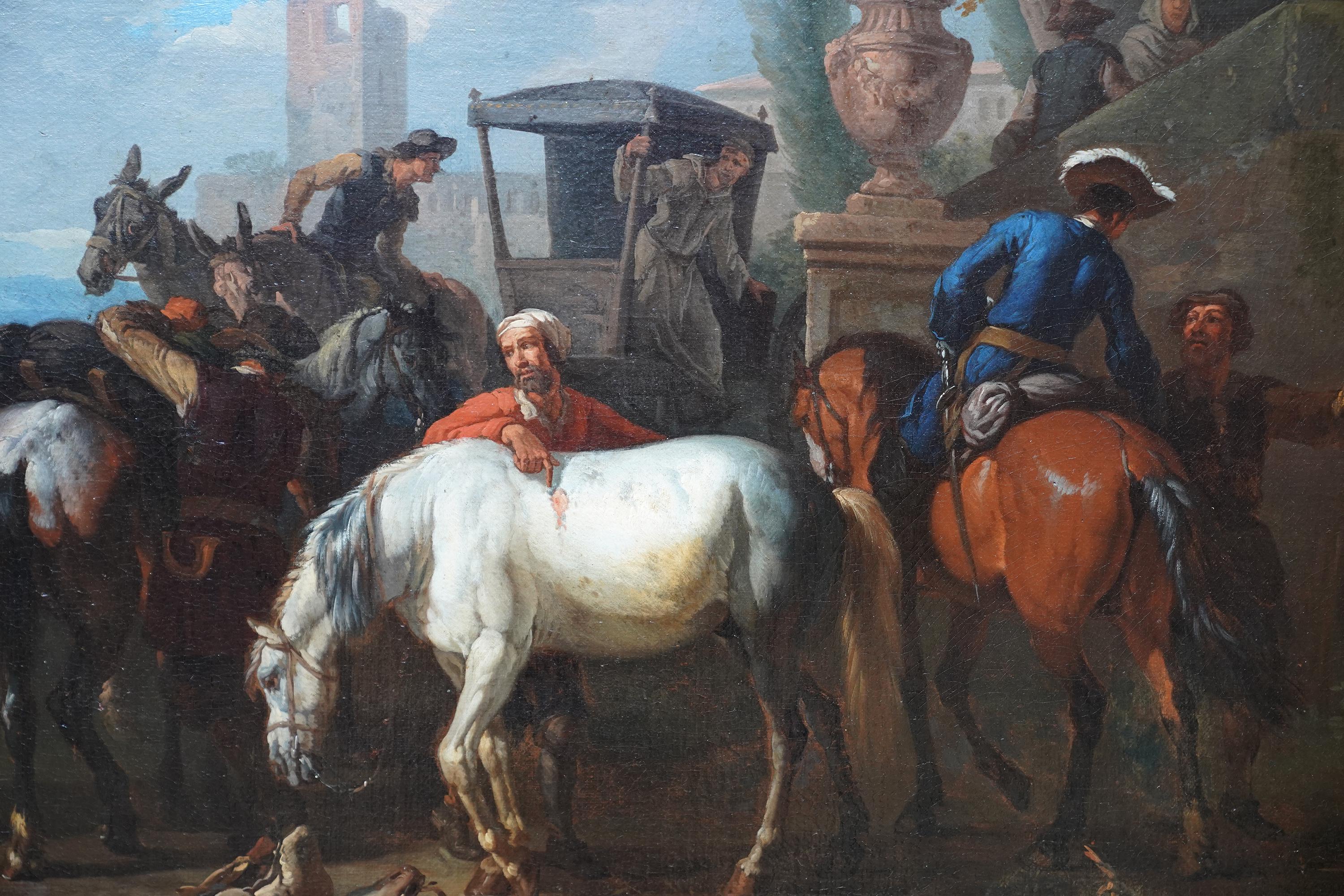 Cette superbe peinture à l'huile hollandaise Old Master Golden Age est attribuée à Pieter Bodding van Laer. Peinte vers 1635, la composition représente un groupe de voyageurs qui se sont arrêtés pour se reposer. Au premier plan, des hommes