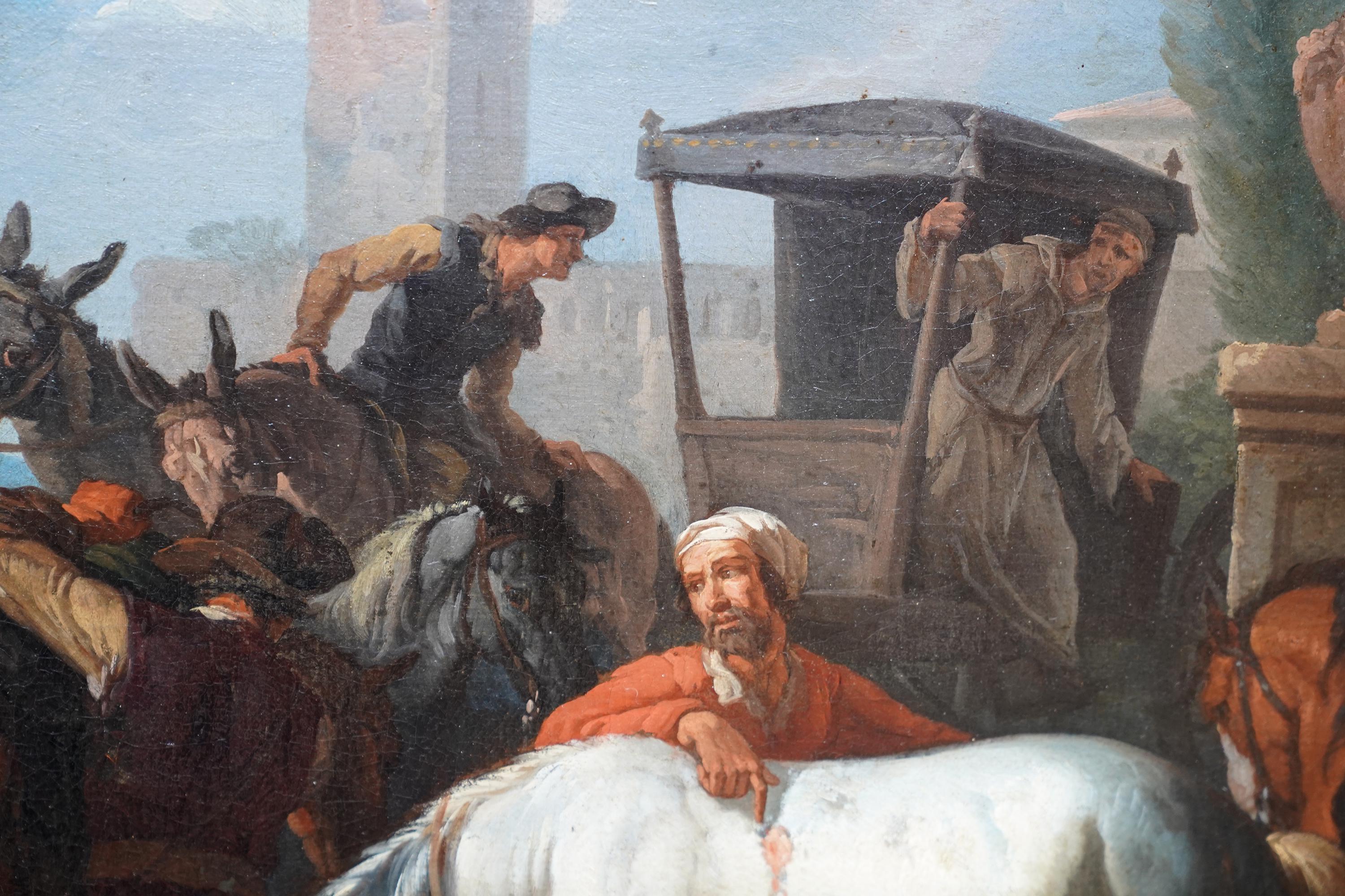 Voyageurs et calèche dans un paysage hollandais du 17e siècle  Peinture à l'huile de l'âge doré en vente 1