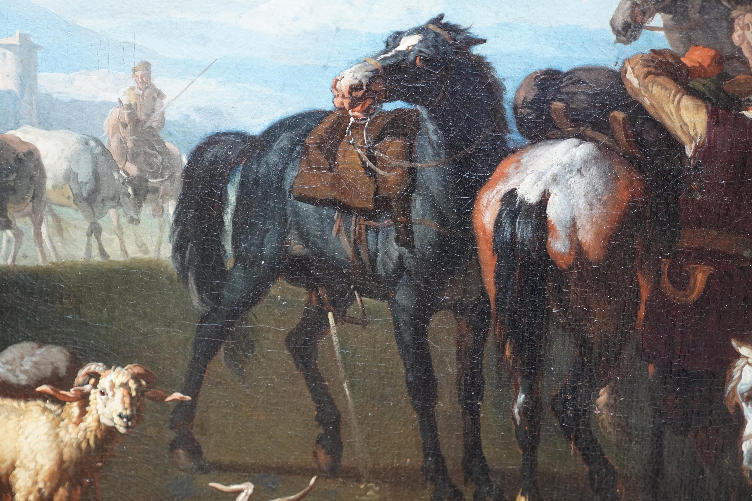 Voyageurs et calèche dans un paysage hollandais du 17e siècle  Peinture à l'huile de l'âge doré en vente 3