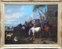 Voyageurs et calèche dans un paysage hollandais du 17e siècle  Peinture à l'huile de l'âge doré