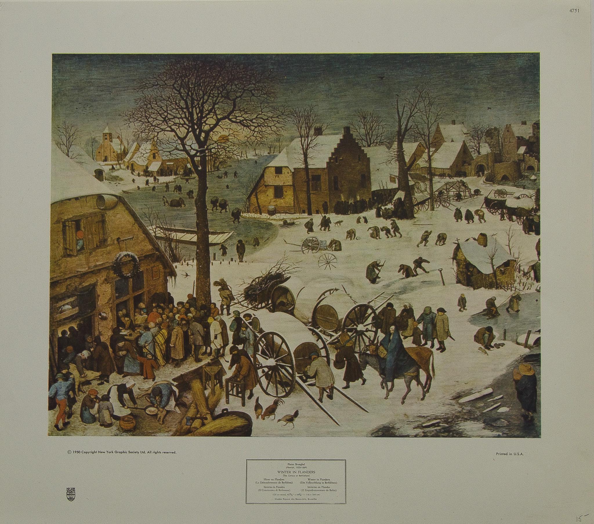 Pieter Bruegel Landscape Print - "Winter in Flanders" by Pieter Brueghel, Limited Edition Litho, Printed in USA. 