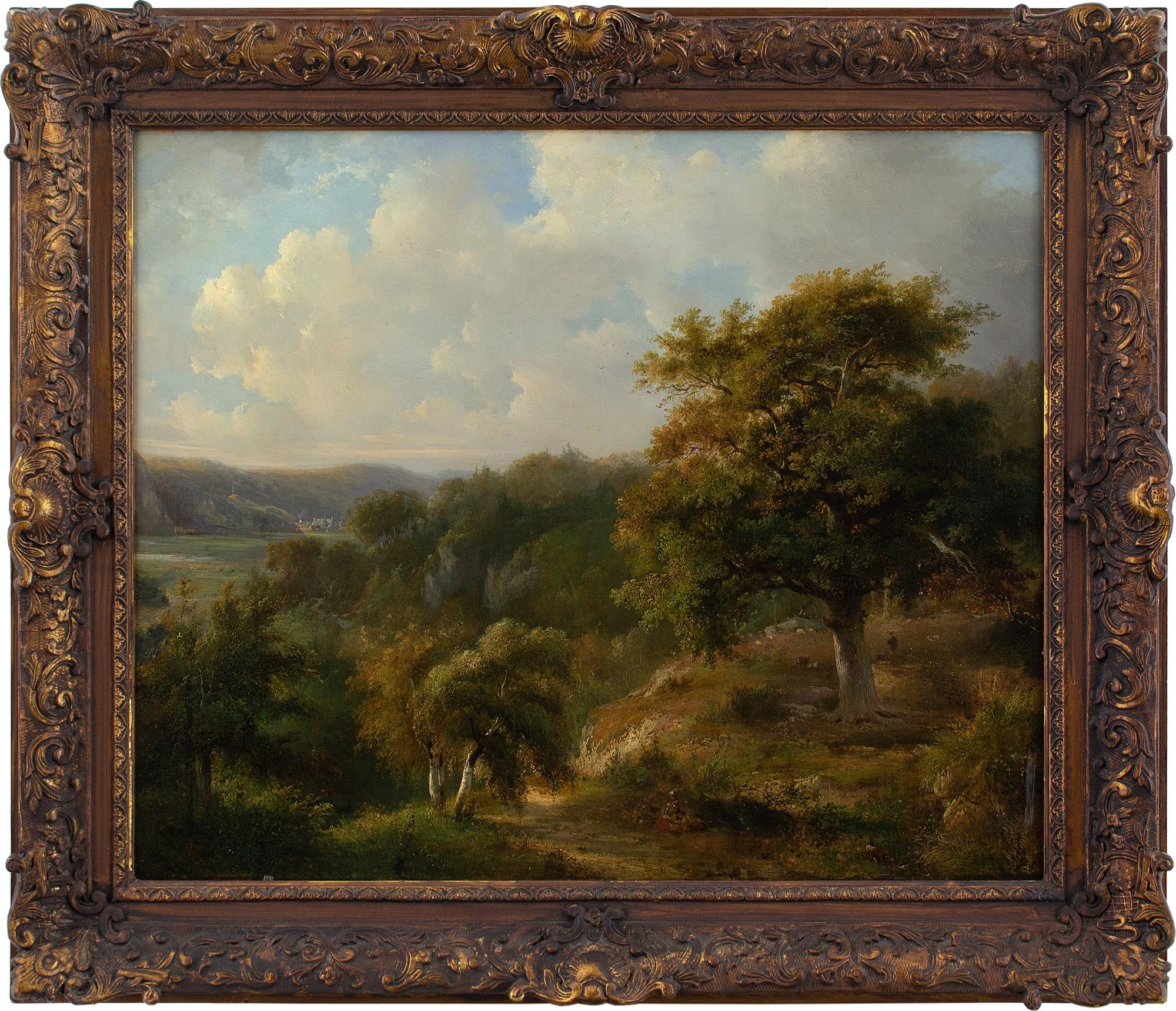 This fine mid-19th-century oil on panel by Dutch artist Pieter Caspar Christ (1822-1888) depicts a woodland landscape with distant cottages under a cloudy sky.

Standing under the bough of an ancient oak, a figure admires the vista. From here, atop