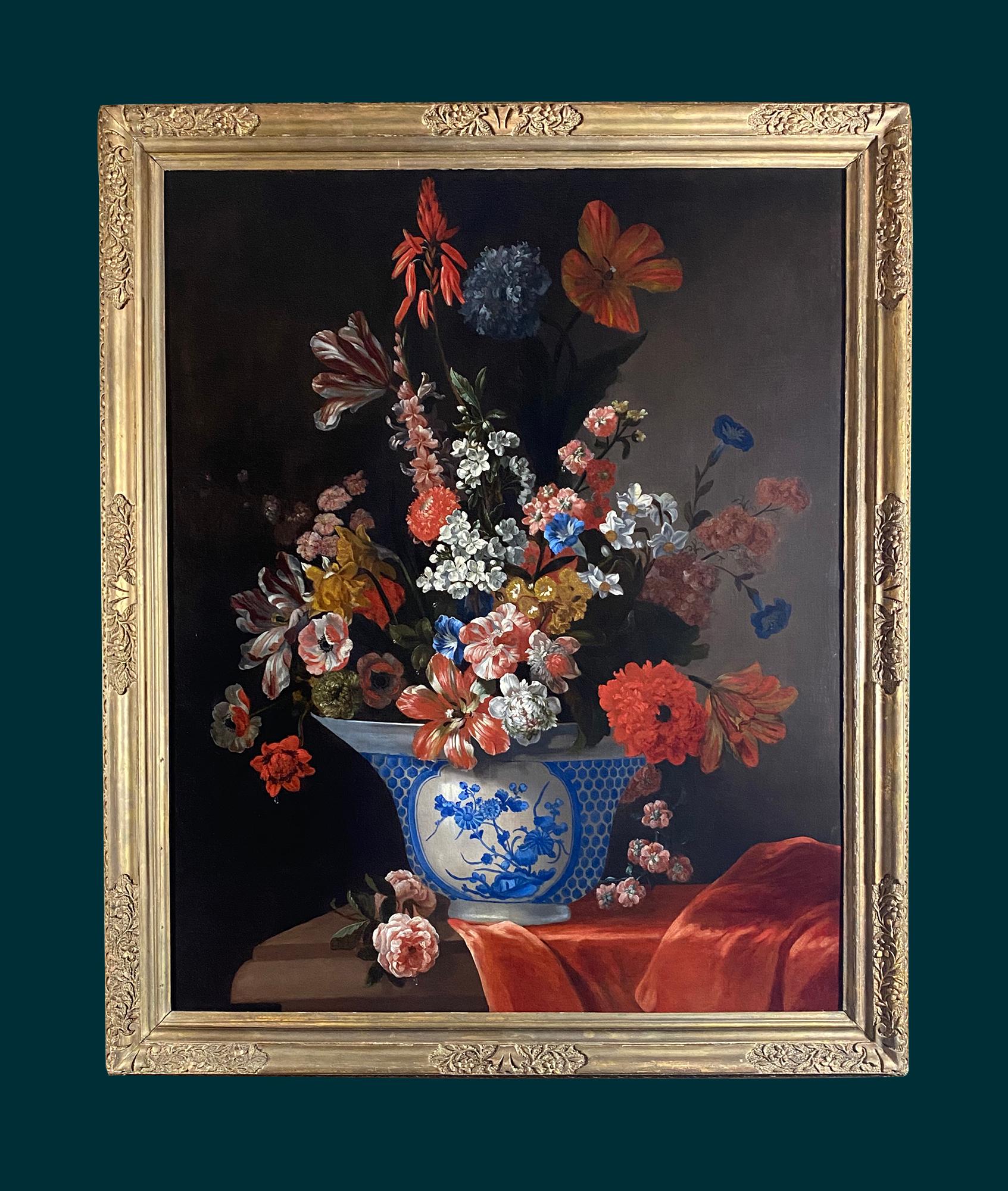 18TH CENTURY DUTCH FLORAL STILL LIFE WITH A CHINESE BOWL AND ORANGE DRAPERY For Sale 2