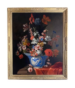 18TH CENTURY DUTCH FLORAL STILL LIFE WITH A CHINESE BOWL AND ORANGE DRAPERY
