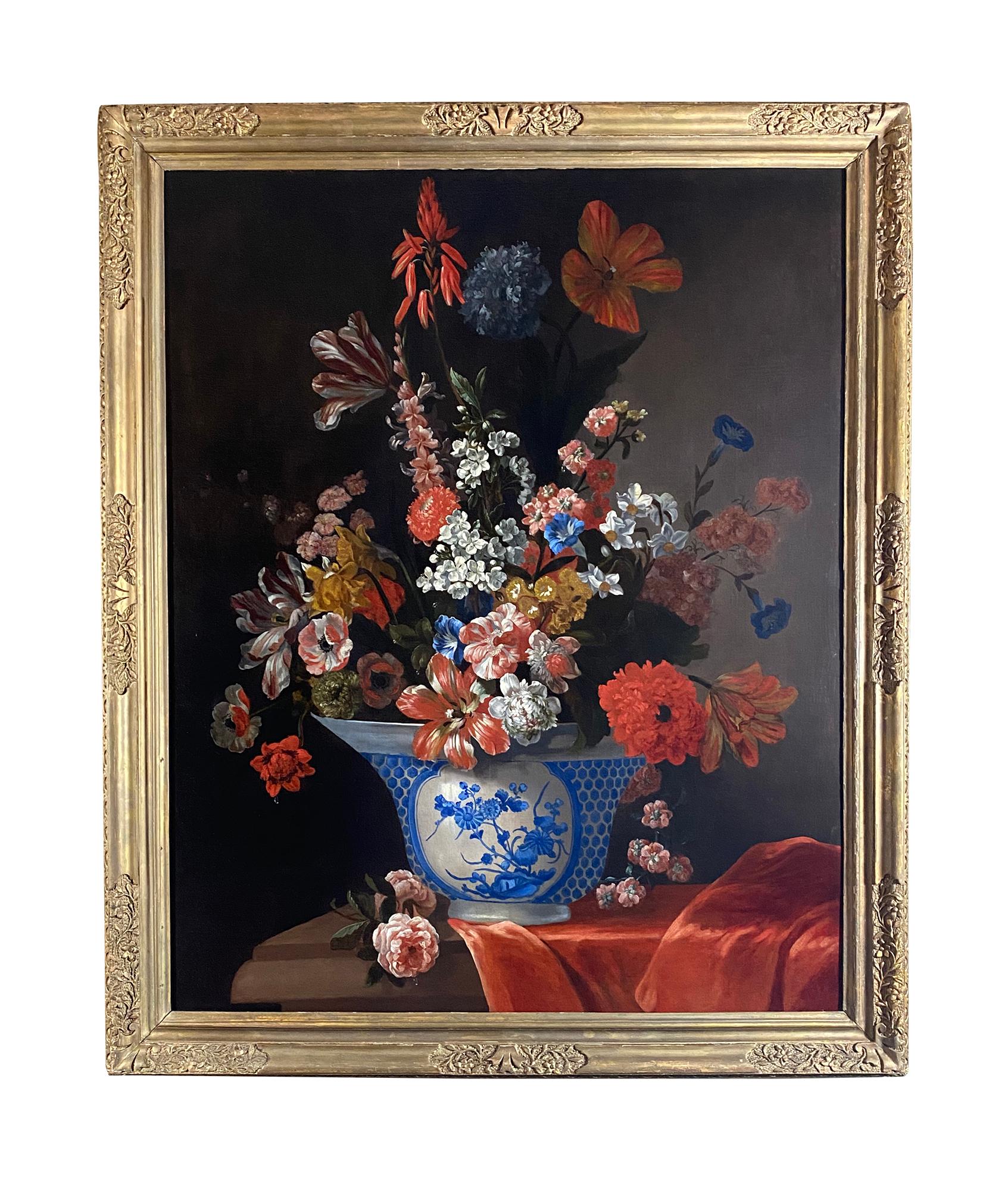 18th Century Dutch Floral Still Life With a Chinese Bowl and Orange Drapery - Painting by Pieter Casteels III