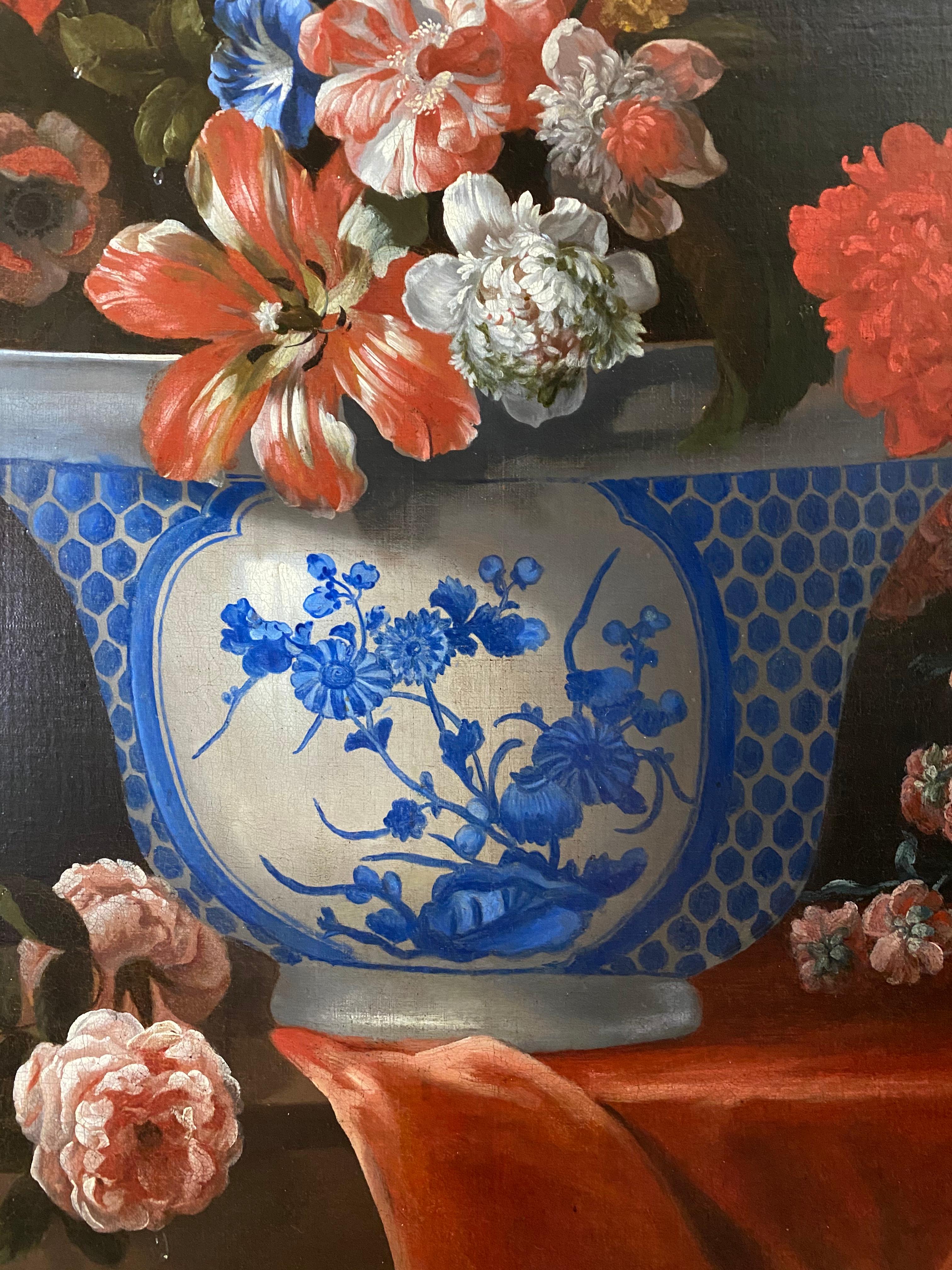 18TH CENTURY DUTCH FLORAL STILL LIFE WITH A CHINESE BOWL AND ORANGE DRAPERY - Old Masters Painting by Pieter Casteels III