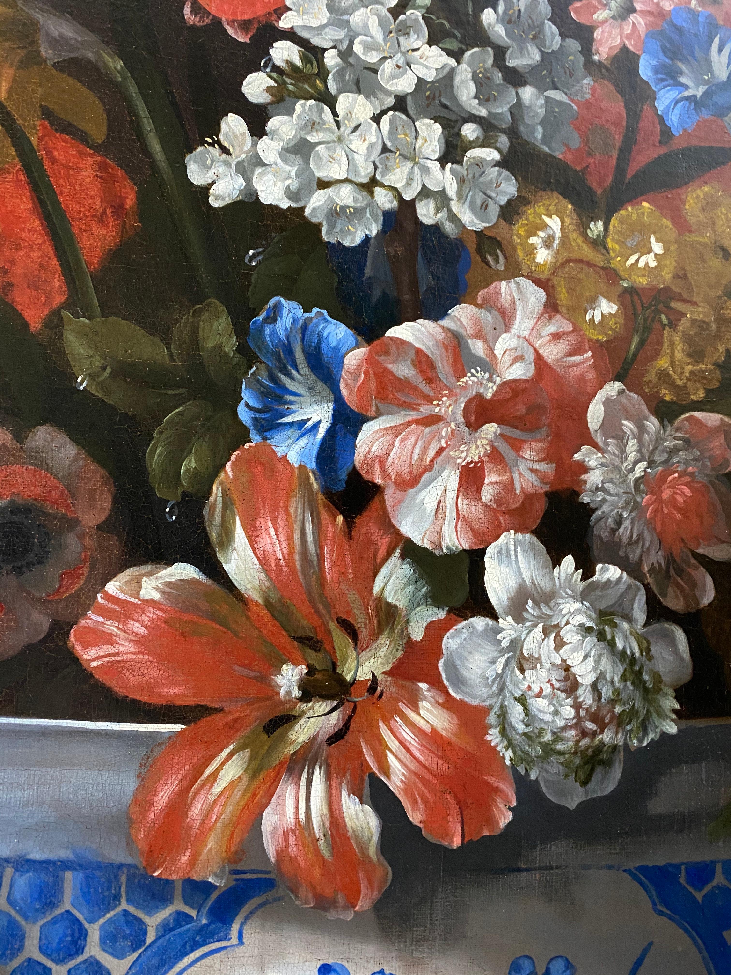 18th Century Dutch Floral Still Life With a Chinese Bowl and Orange Drapery For Sale 1