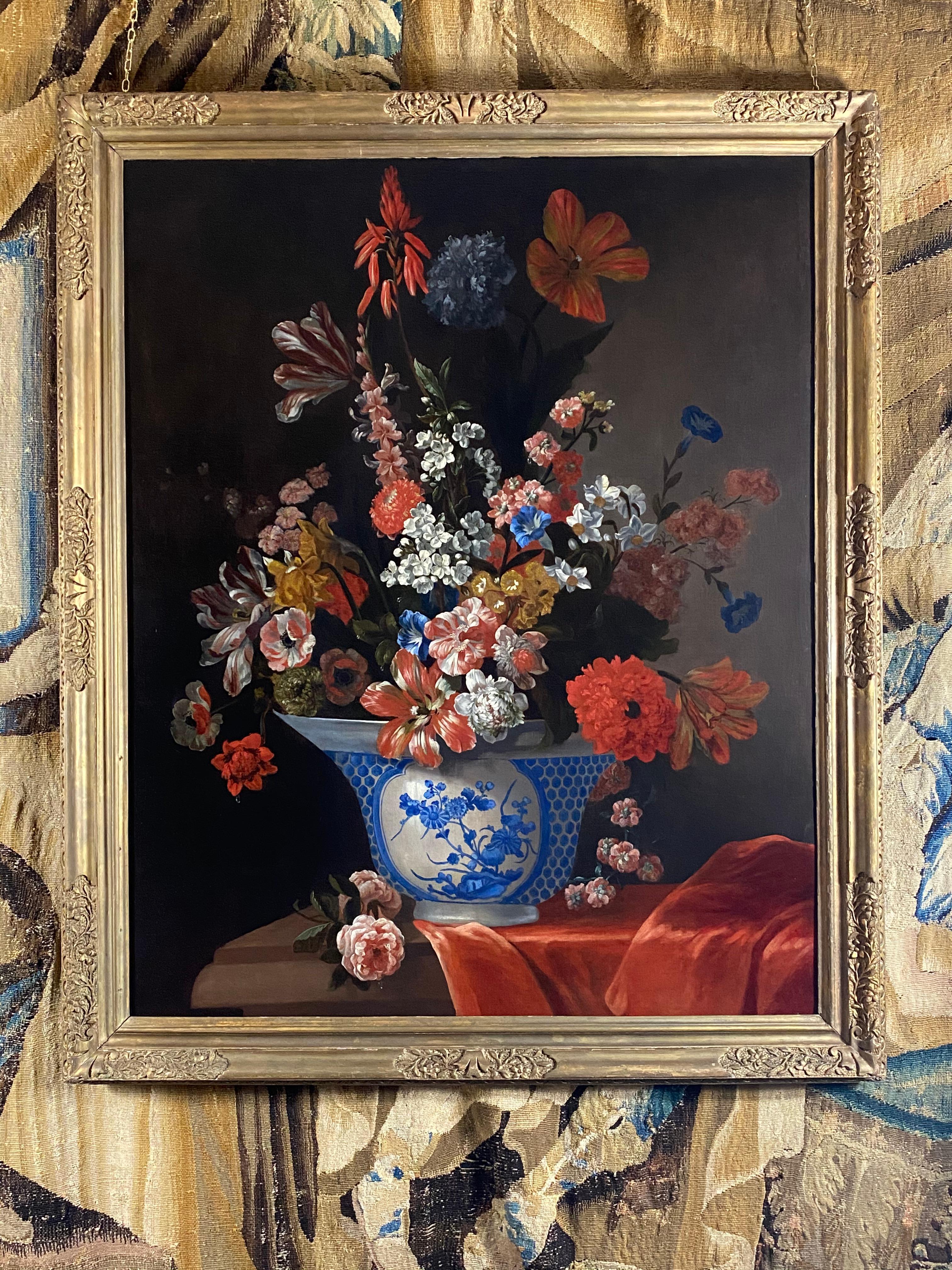 18TH CENTURY DUTCH FLORAL STILL LIFE WITH A CHINESE BOWL AND ORANGE DRAPERY For Sale 1