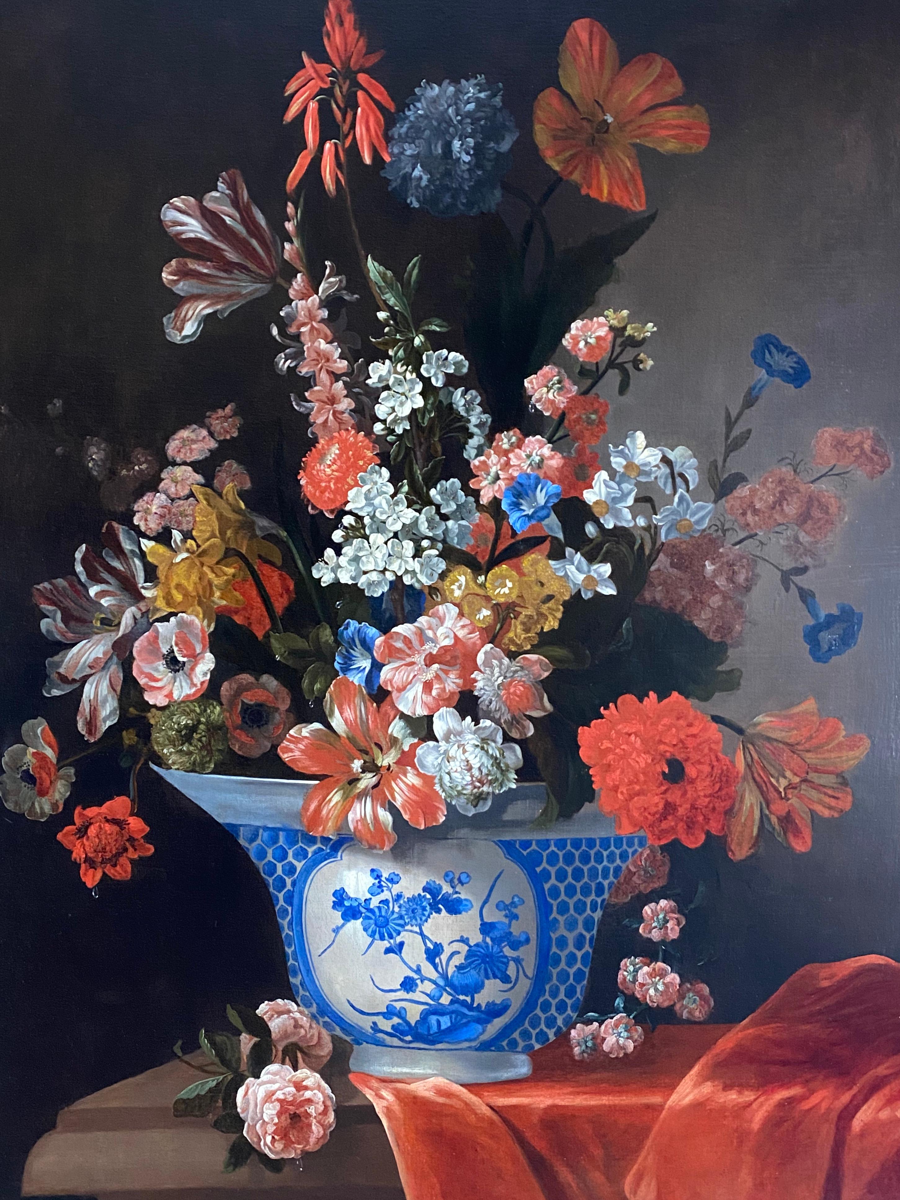 Interior Painting Pieter Casteels III - Nature morte florale hollandaise du 18e siècle avec un bol chinois et une draperie orange