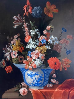 Antique 18th Century Dutch Floral Still Life With a Chinese Bowl and Orange Drapery