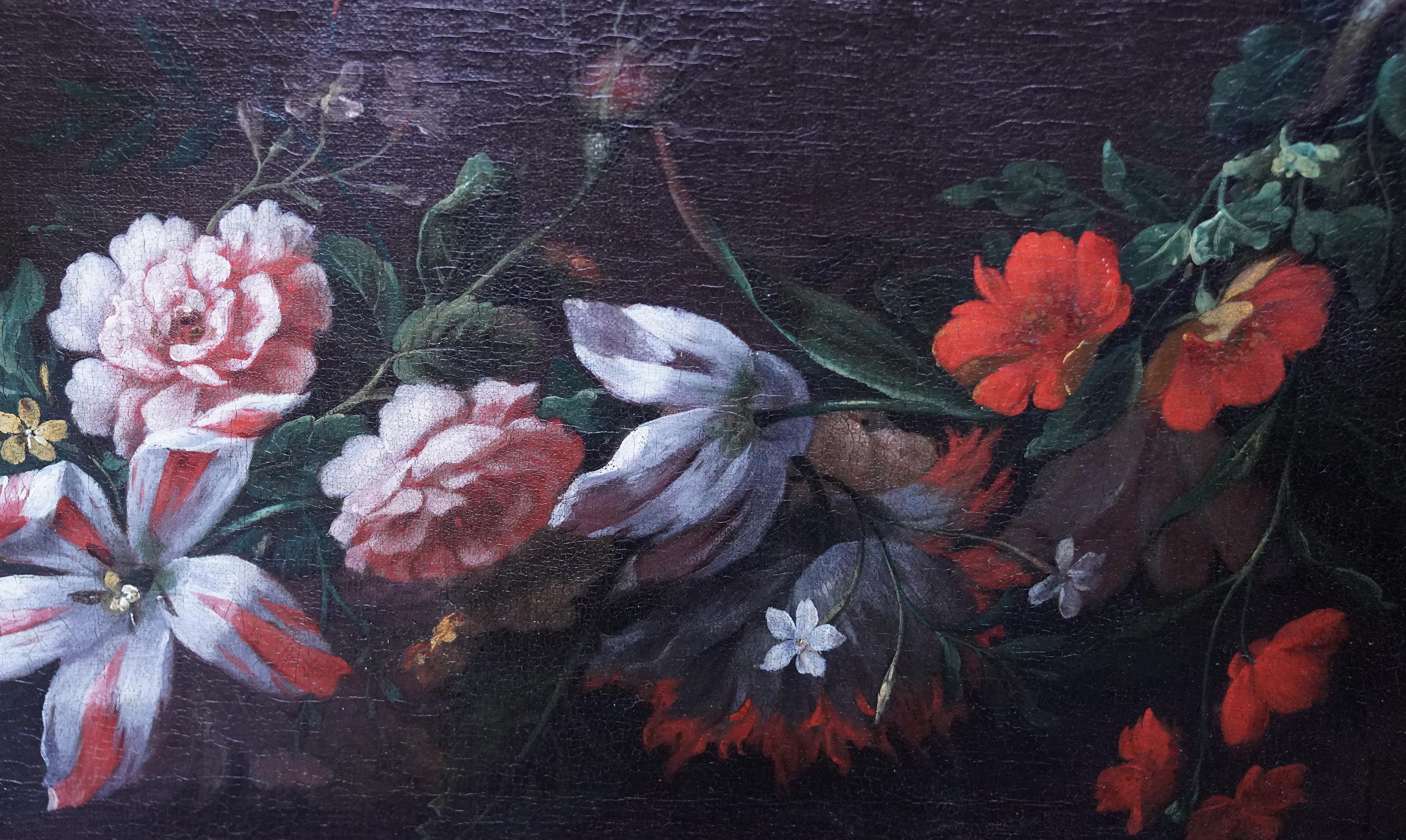 Still Life Garland of Flowers - Flemish 18thC art Old Master floral oil painting For Sale 6