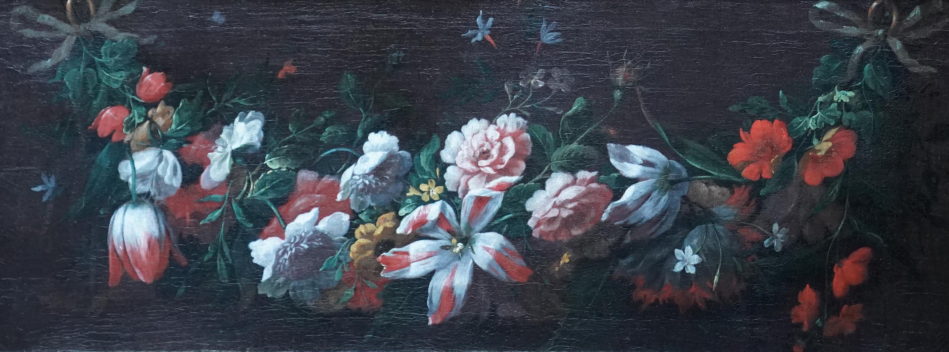 Still Life Garland of Flowers - Flemish 18thC art Old Master floral oil painting For Sale 8