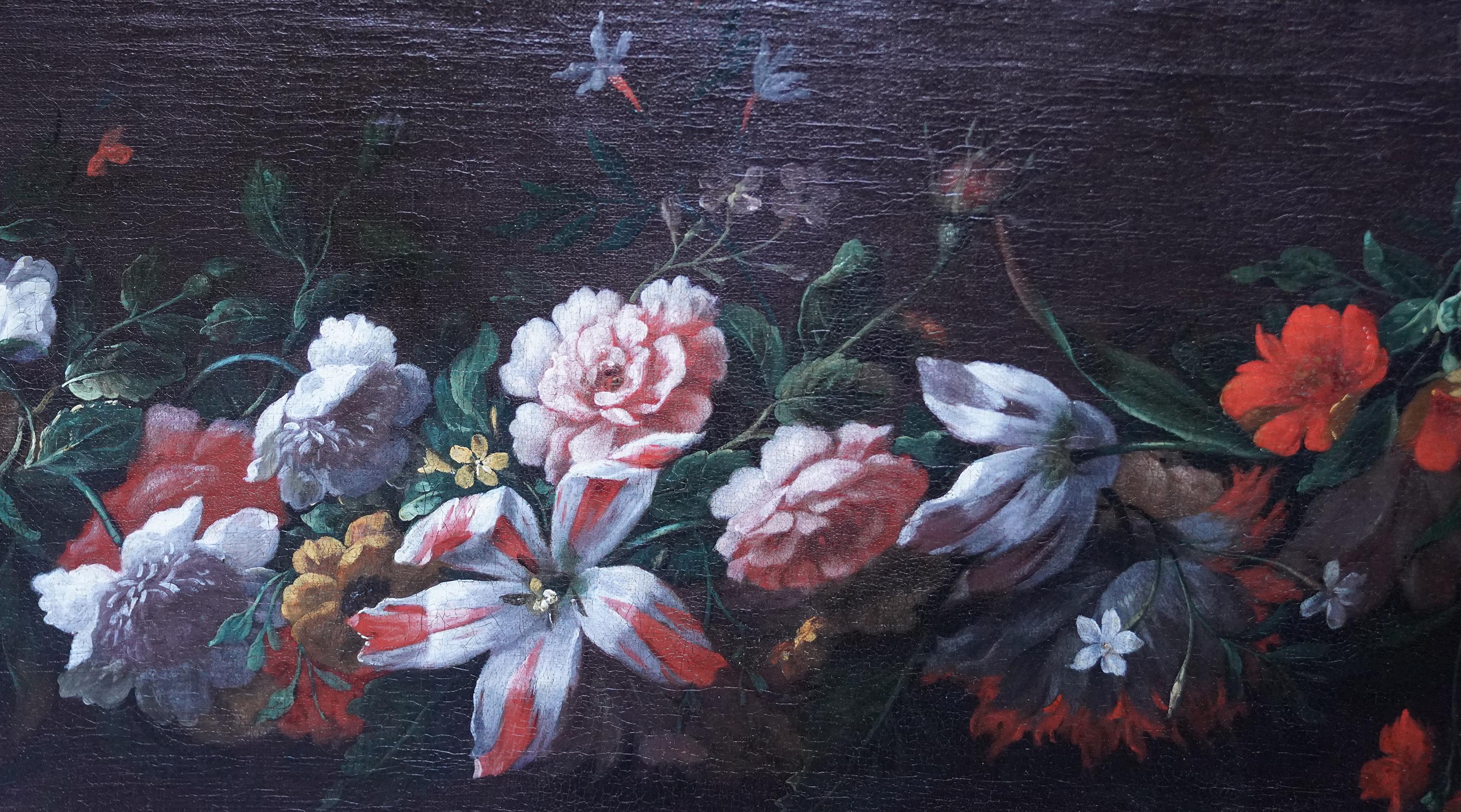 Still Life Garland of Flowers - Flemish 18thC art Old Master floral oil painting For Sale 1