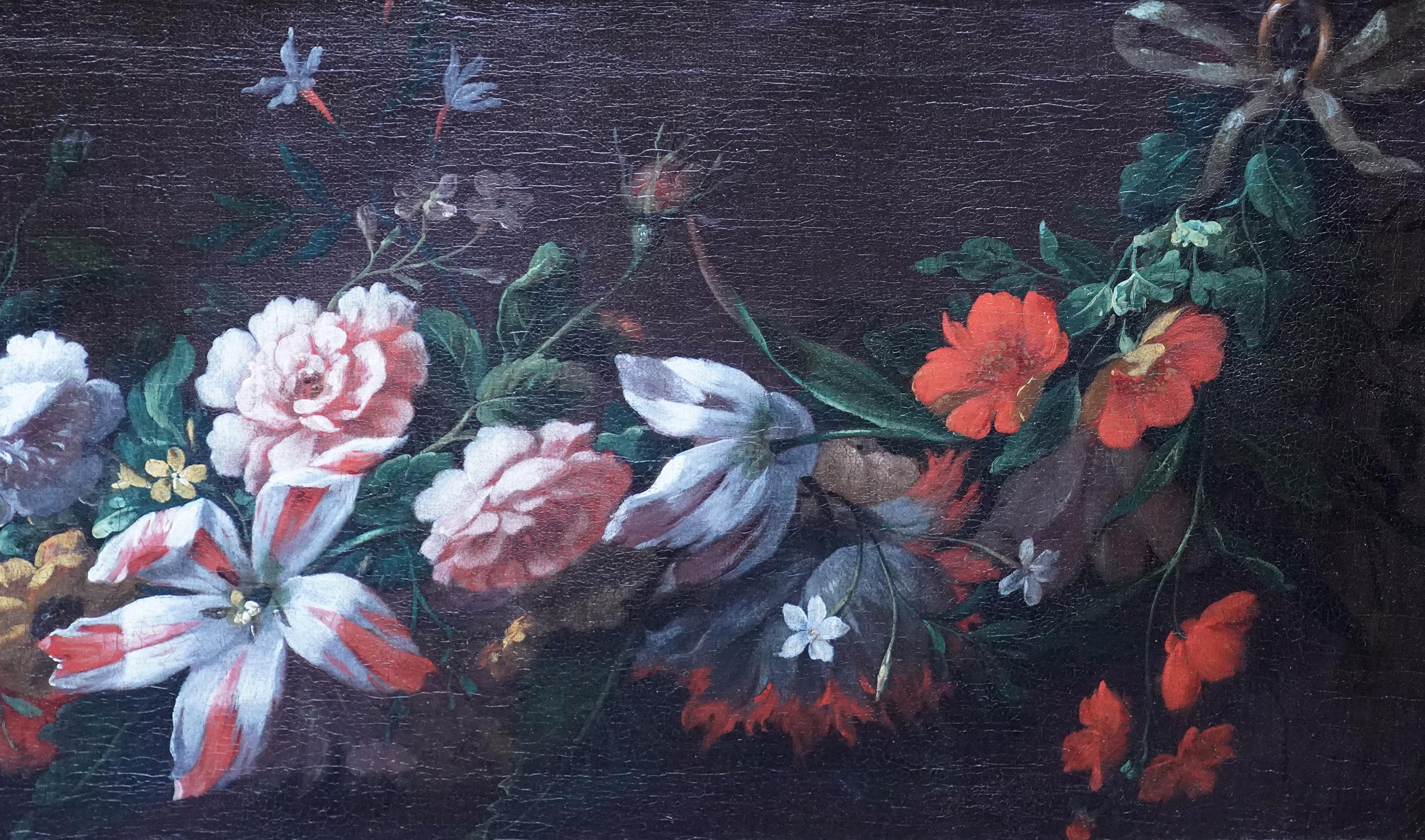 Still Life Garland of Flowers - Flemish 18thC art Old Master floral oil painting For Sale 2