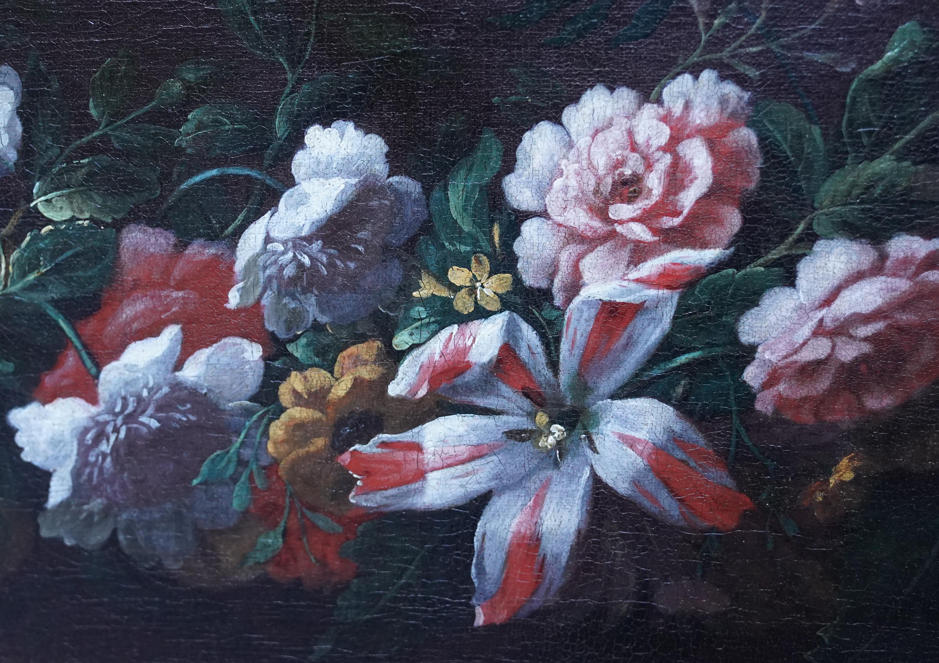Still Life Garland of Flowers - Flemish 18thC art Old Master floral oil painting For Sale 3