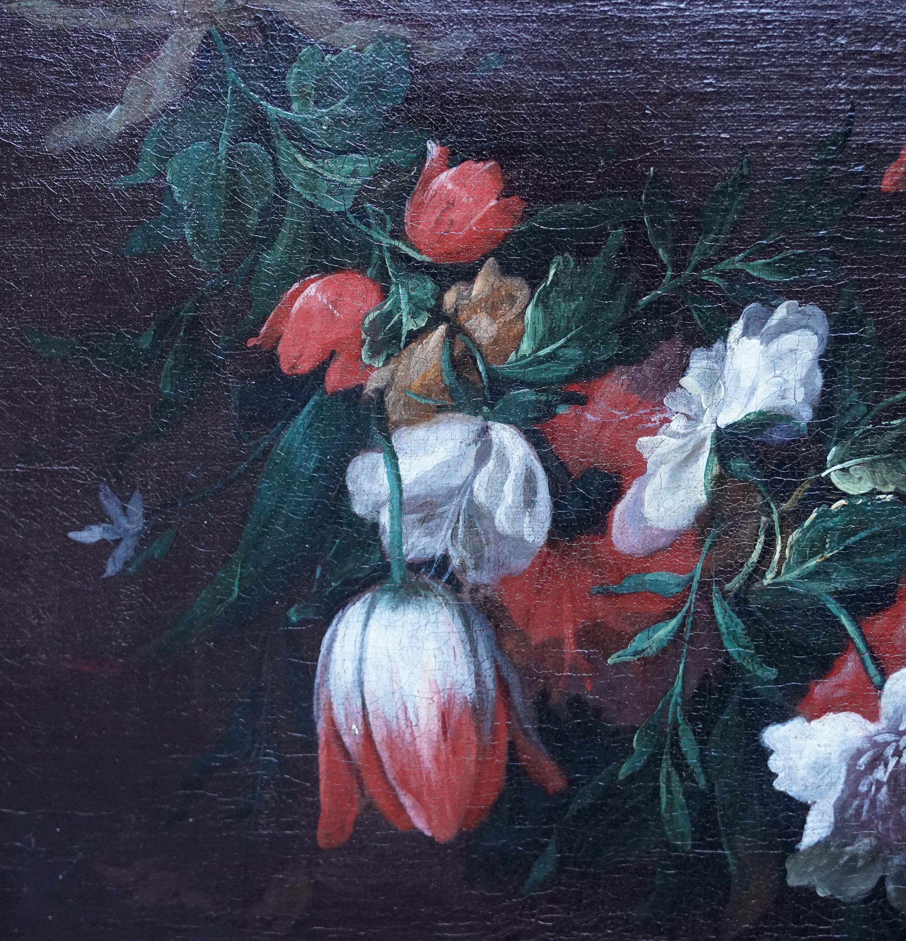 Still Life Garland of Flowers - Flemish 18thC art Old Master floral oil painting For Sale 4