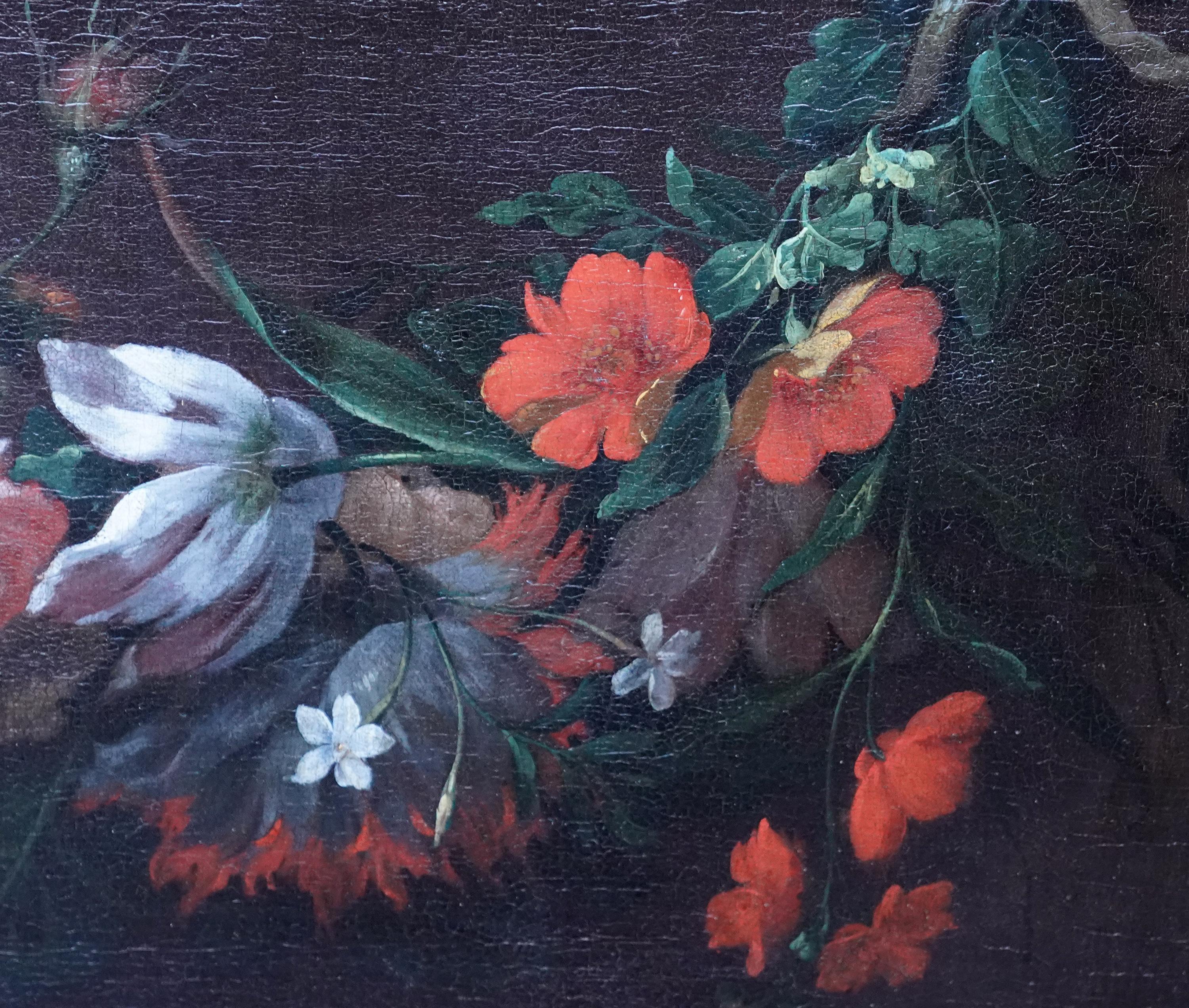 Still Life Garland of Flowers - Flemish 18thC art Old Master floral oil painting For Sale 5