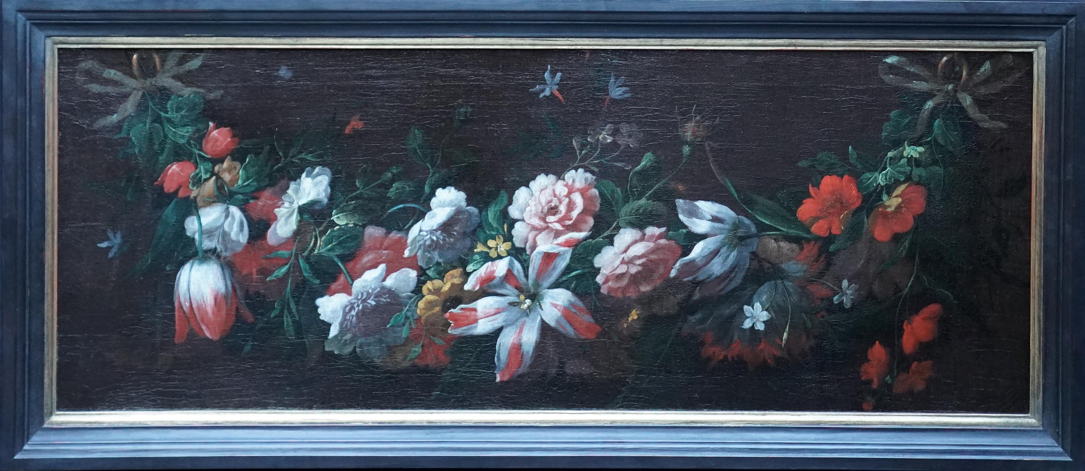 Still Life Garland of Flowers - Flemish 18thC art Old Master floral oil painting