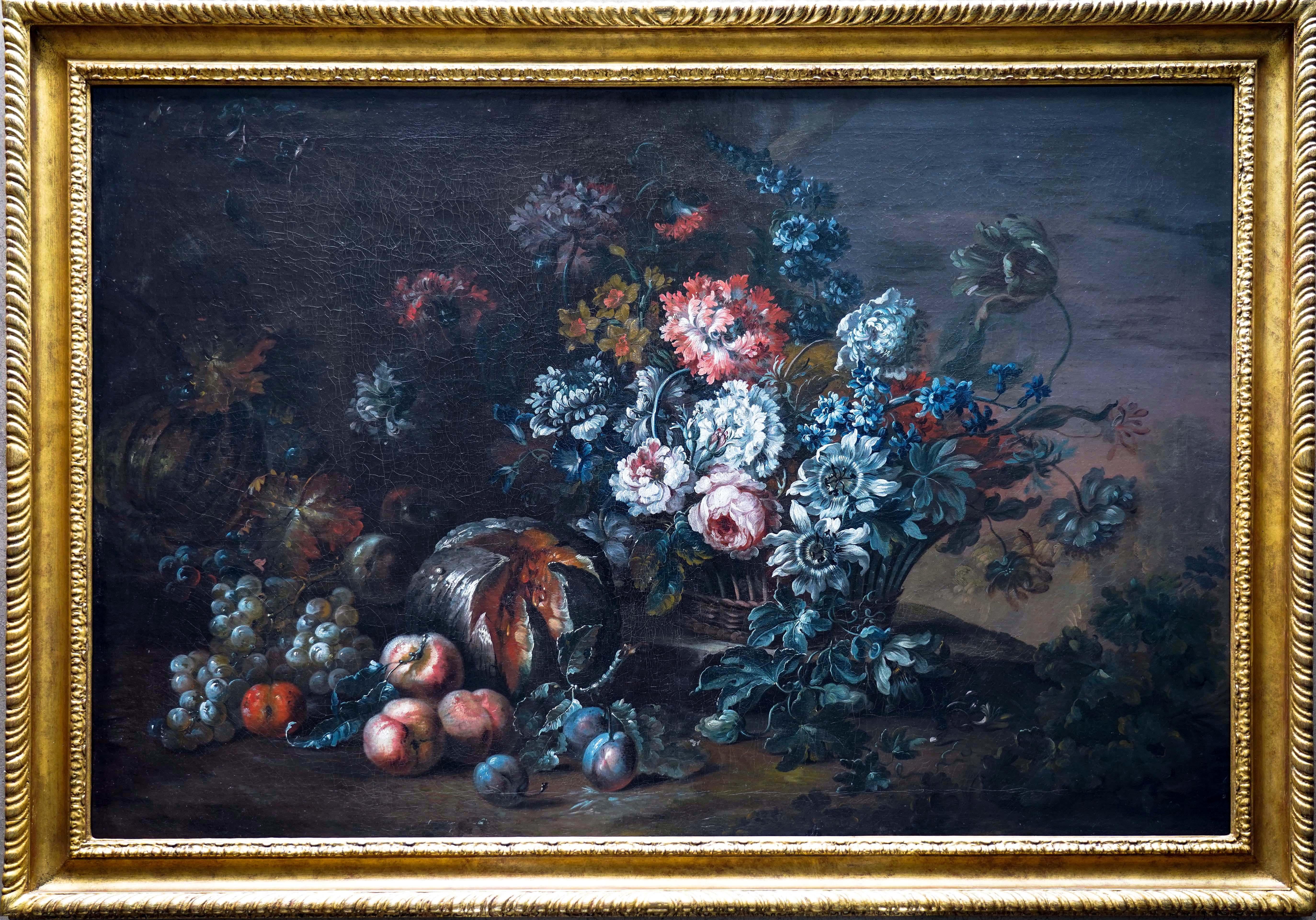 Still life of Summer Flowers in a Basket with Fruit. - Painting by Pieter Casteels III