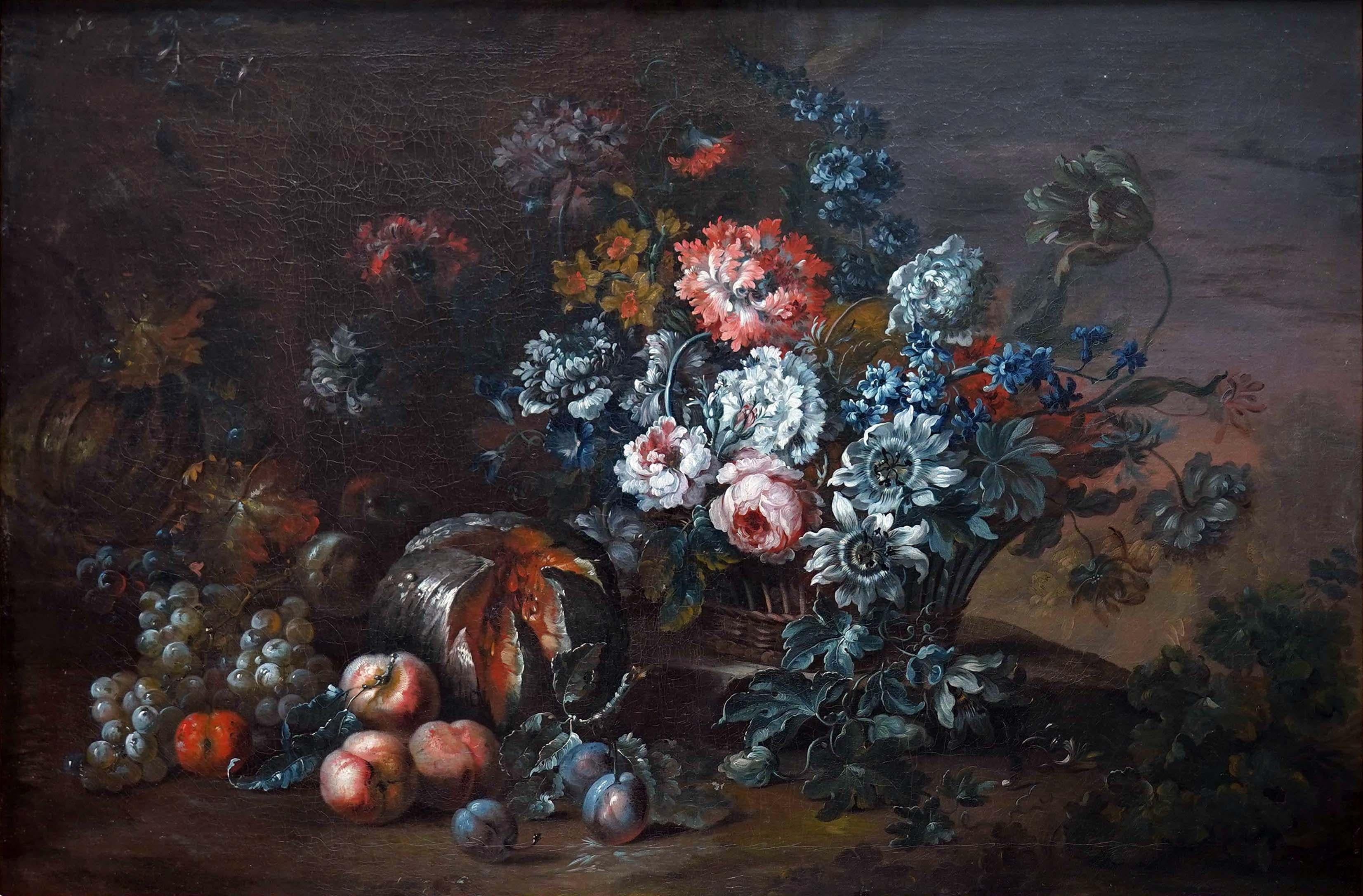 Pieter Casteels III Still-Life Painting - Still life of Summer Flowers in a Basket with Fruit.