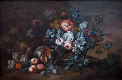 Antique Still life of Summer Flowers in a Basket with Fruit.