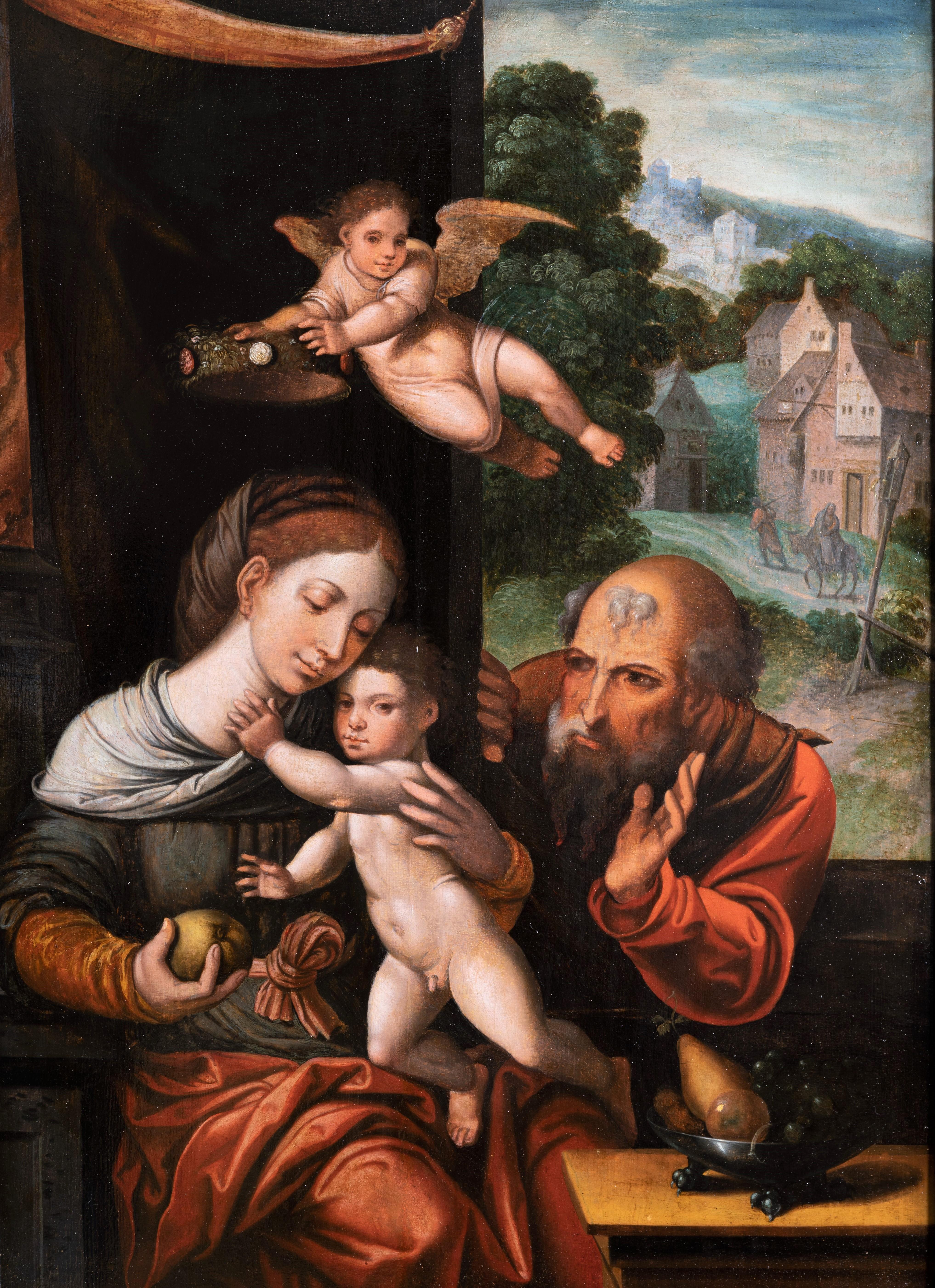Holy family with an angel, workshop Pieter Coecke Van Aelst (Alost, 1502 - Bruxelles, 1550)
Faithful to the traditions of the late Gothic and early Renaissance, our painting depicts a favorite subject of Flemish painters, the Madonna and Child with