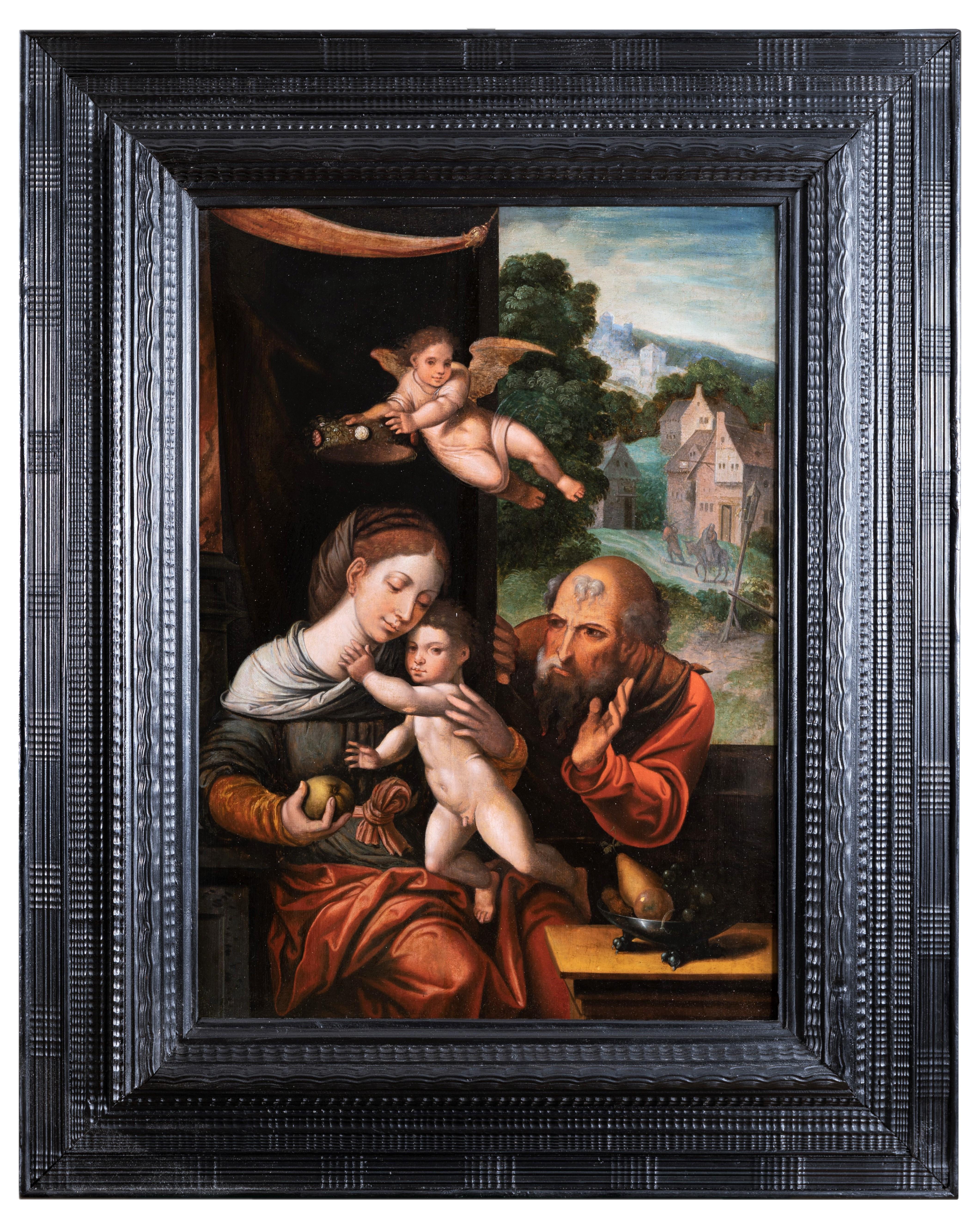 Heilige Familie mit einem Engel, Werkstatt Pieter Coecke Van Aelst (Alost, 1502 - Bruxelles, 1550)
Getreu den Traditionen der Spätgotik und der Frührenaissance stellt unser Gemälde ein beliebtes Motiv der flämischen Maler dar, die Madonna mit dem
