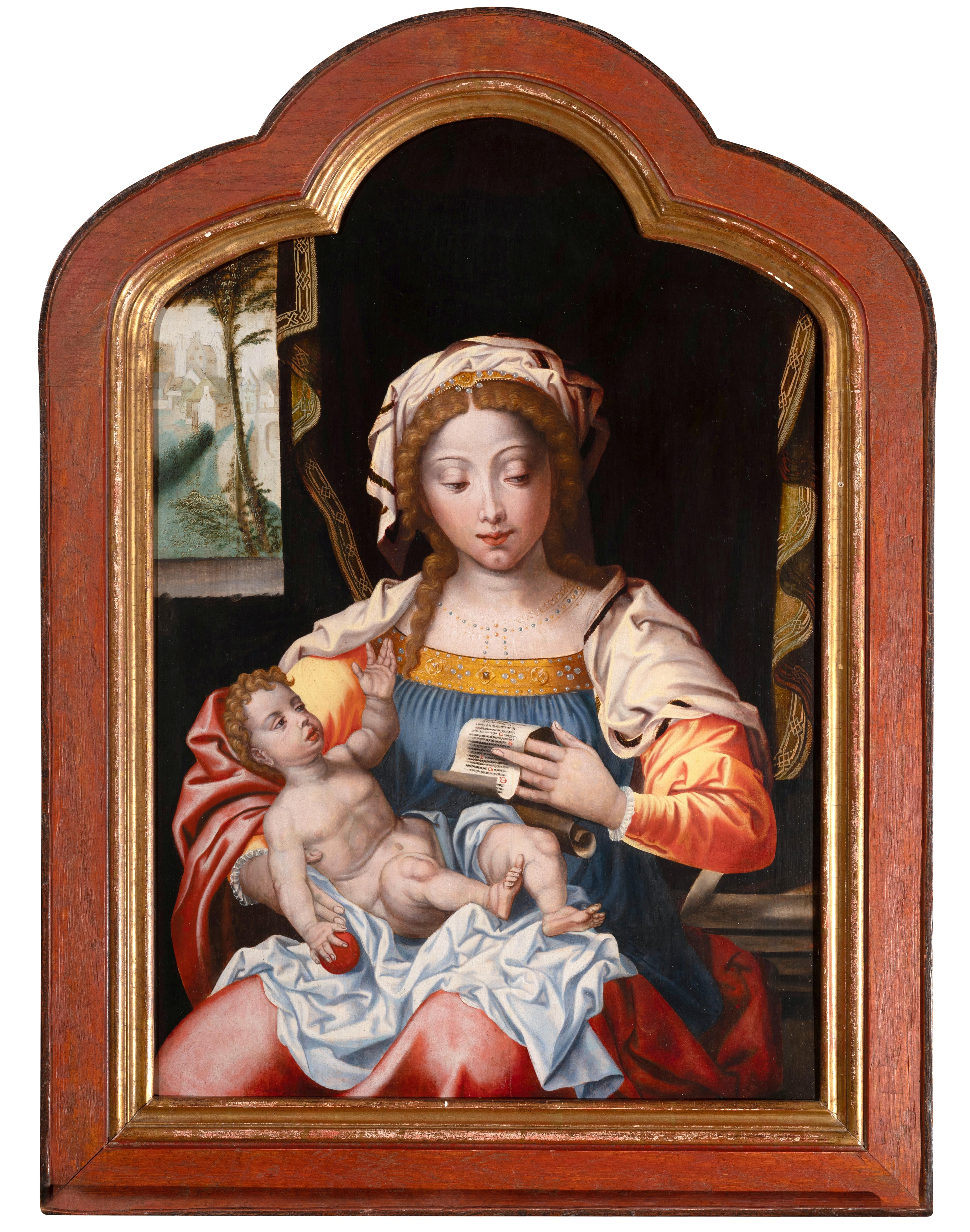 Virgin and Child
Workshop of Pieter Coecke Van Aelst (Aelst, 1502- Brussels, 1550)
16th century
Oil on oak panel
Dimensions: panel: h. 71.5cm, W. 48.5 cm (28.15 in x 19.09 in)
Later period frame in molded oak wood
Framed dimensions: h. 88 cm, l.