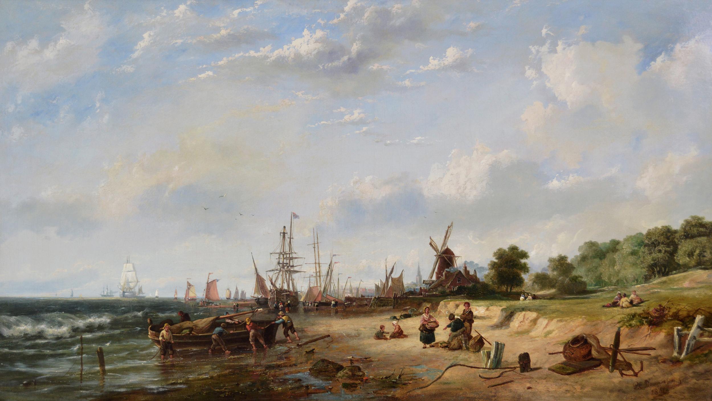 19th Century seascape oil painting of fishing boats by a Dutch shore - Painting by Dommersen, Pieter Cornelis