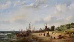 19th Century seascape oil painting of fishing boats by a Dutch shore