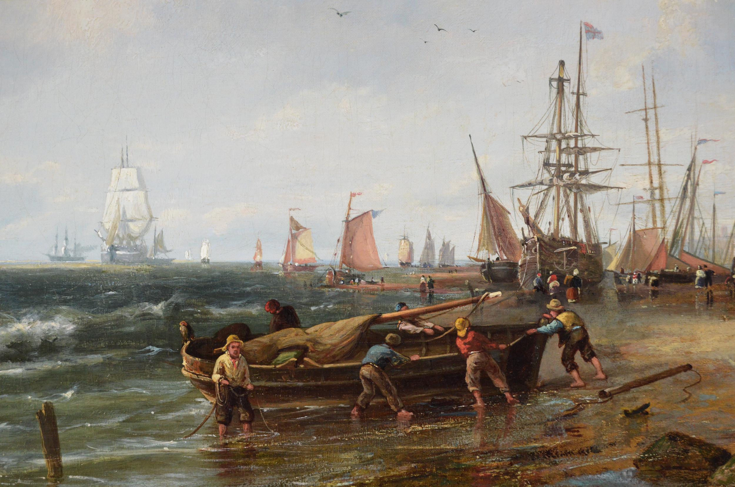 19th Century seascape oil painting of fishing boats by a Dutch shore - Victorian Painting by Dommersen, Pieter Cornelis