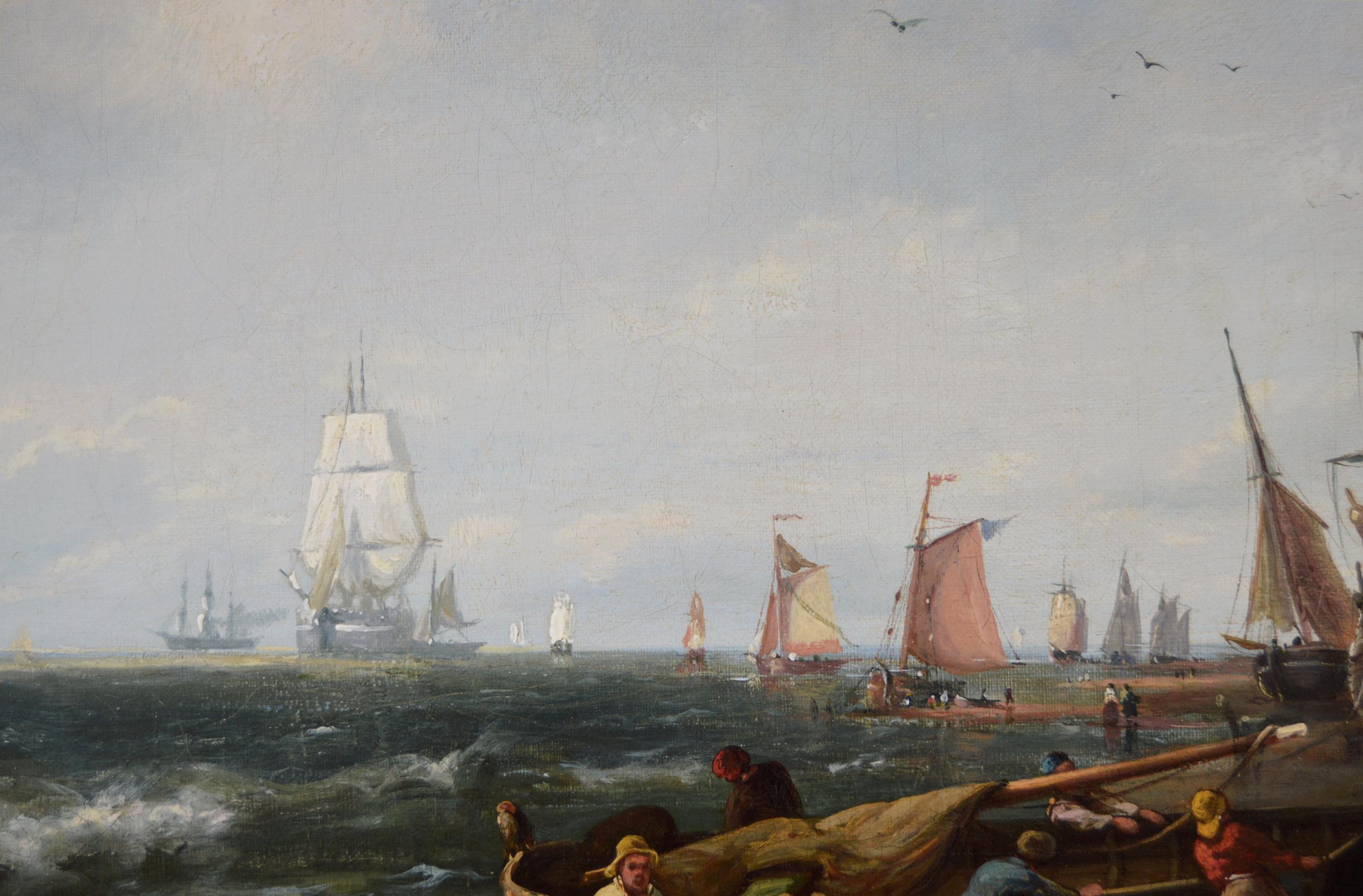 19th Century seascape oil painting of fishing boats by a Dutch shore - Brown Landscape Painting by Dommersen, Pieter Cornelis