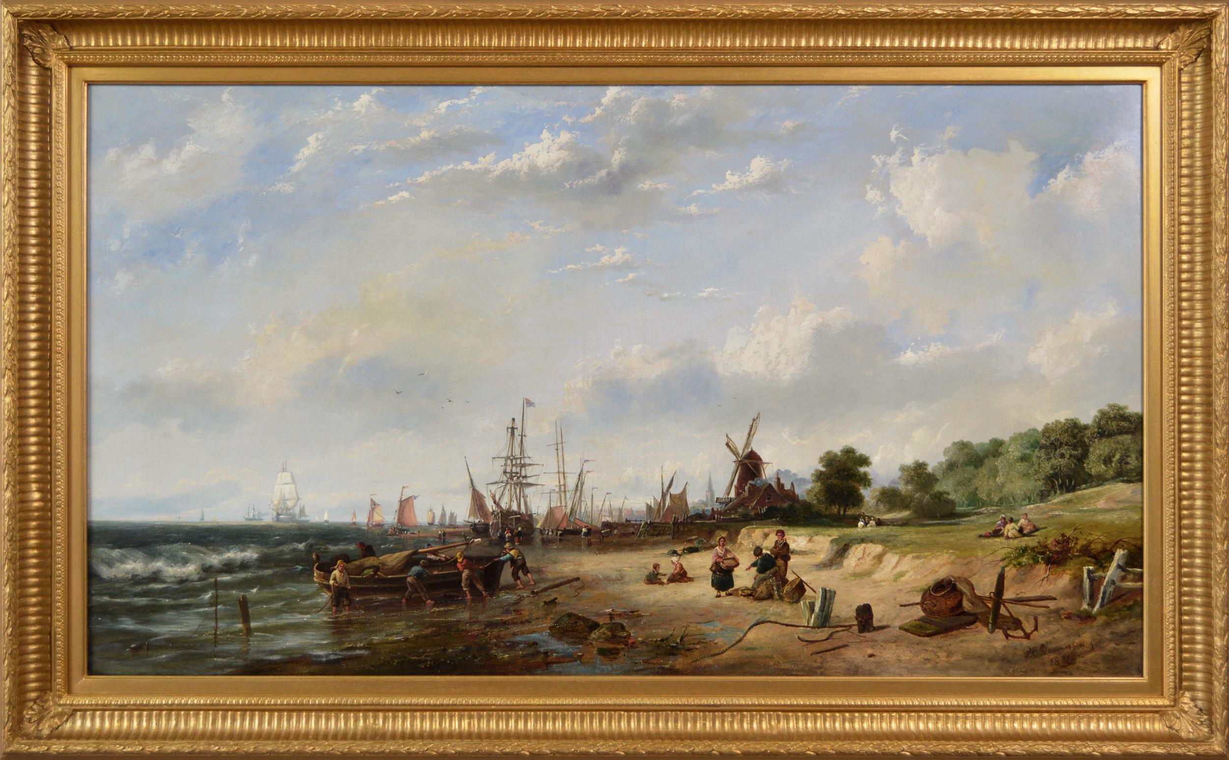 Dommersen, Pieter Cornelis Landscape Painting - 19th Century seascape oil painting of fishing boats by a Dutch shore