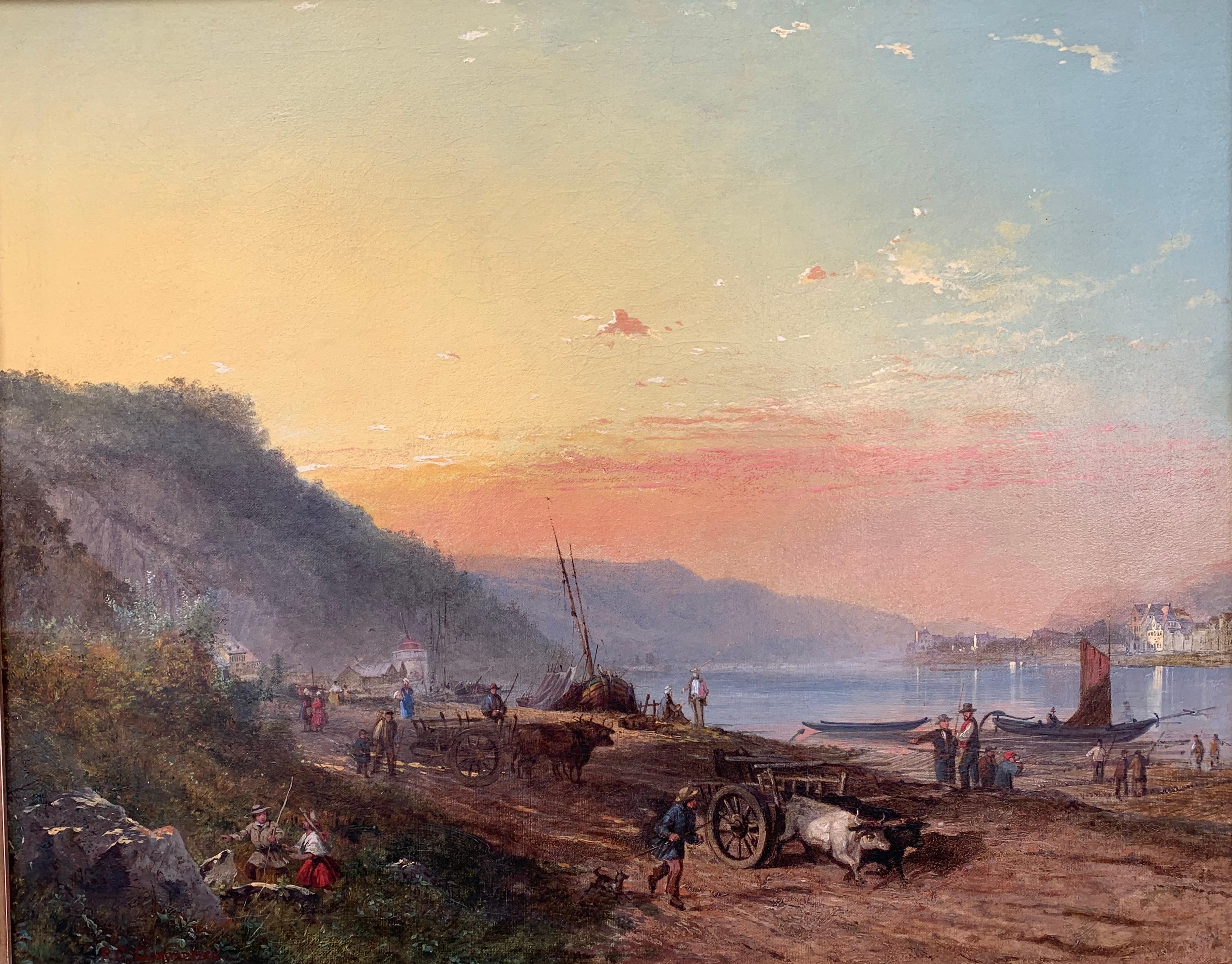 Fishermen By The Lake, huile sur toile, signée Dommersen, école néerlandaise, 1870