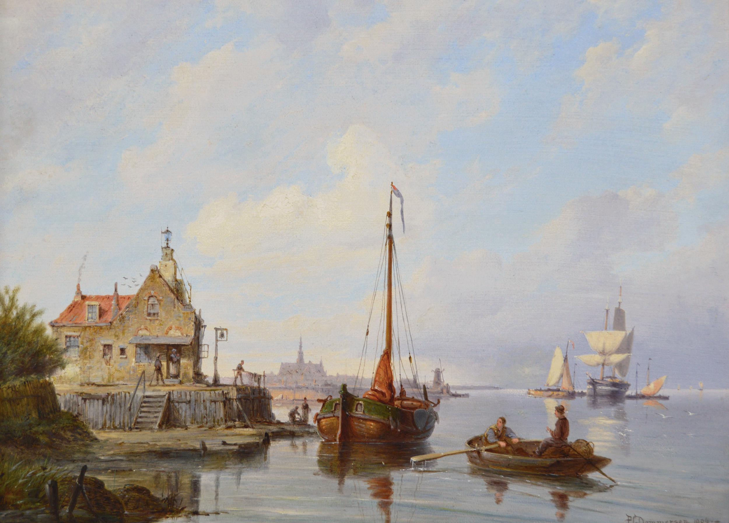 Pair of seascape oil paintings of fishing boats by a Dutch shore - Painting by Dommersen, Pieter Cornelis