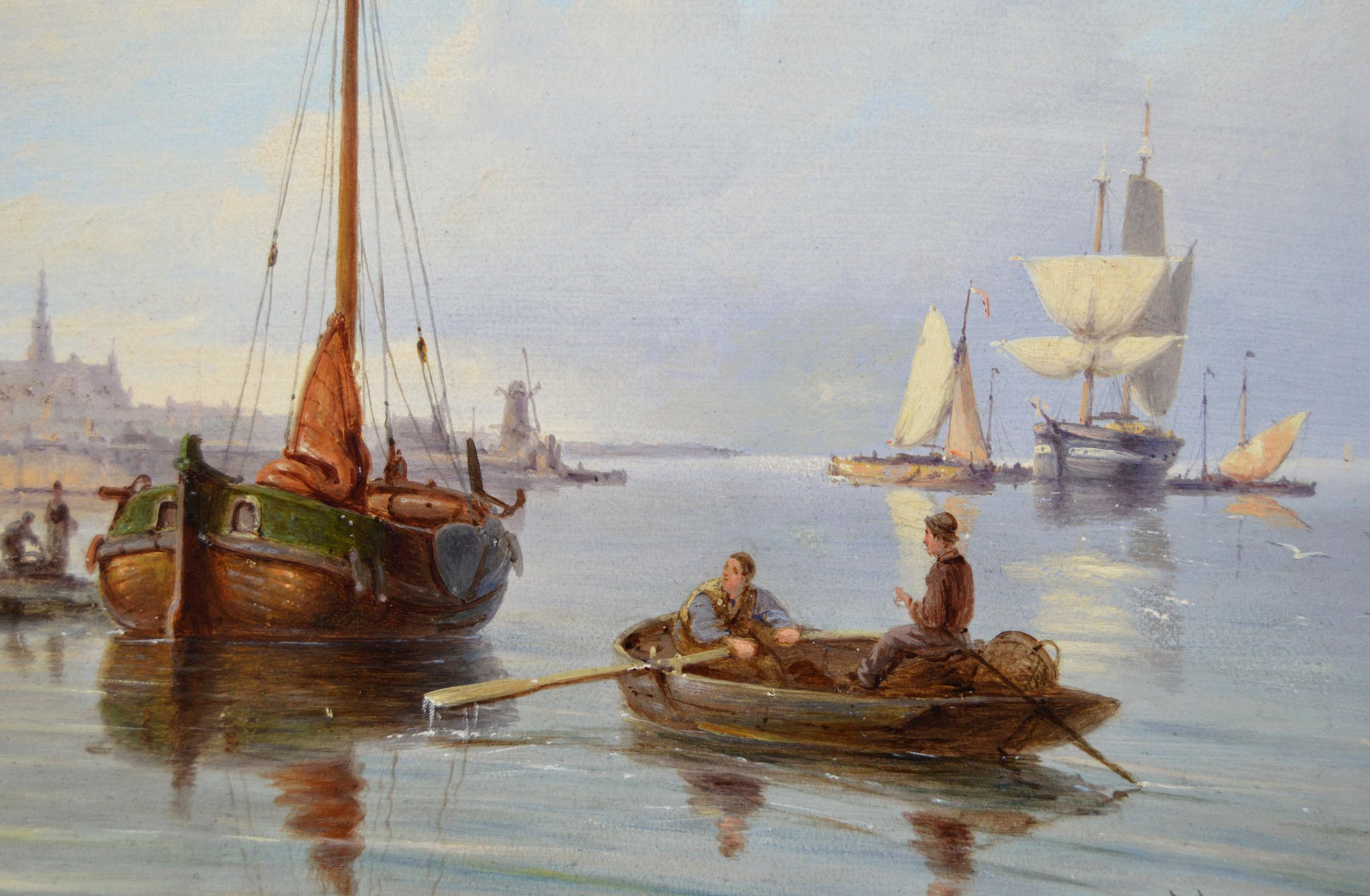 Coppia di dipinti ad olio di paesaggi marini che raffigurano barche da pesca su una spiaggia olandese - Landscape Painting Marrone di Dommersen, Pieter Cornelis