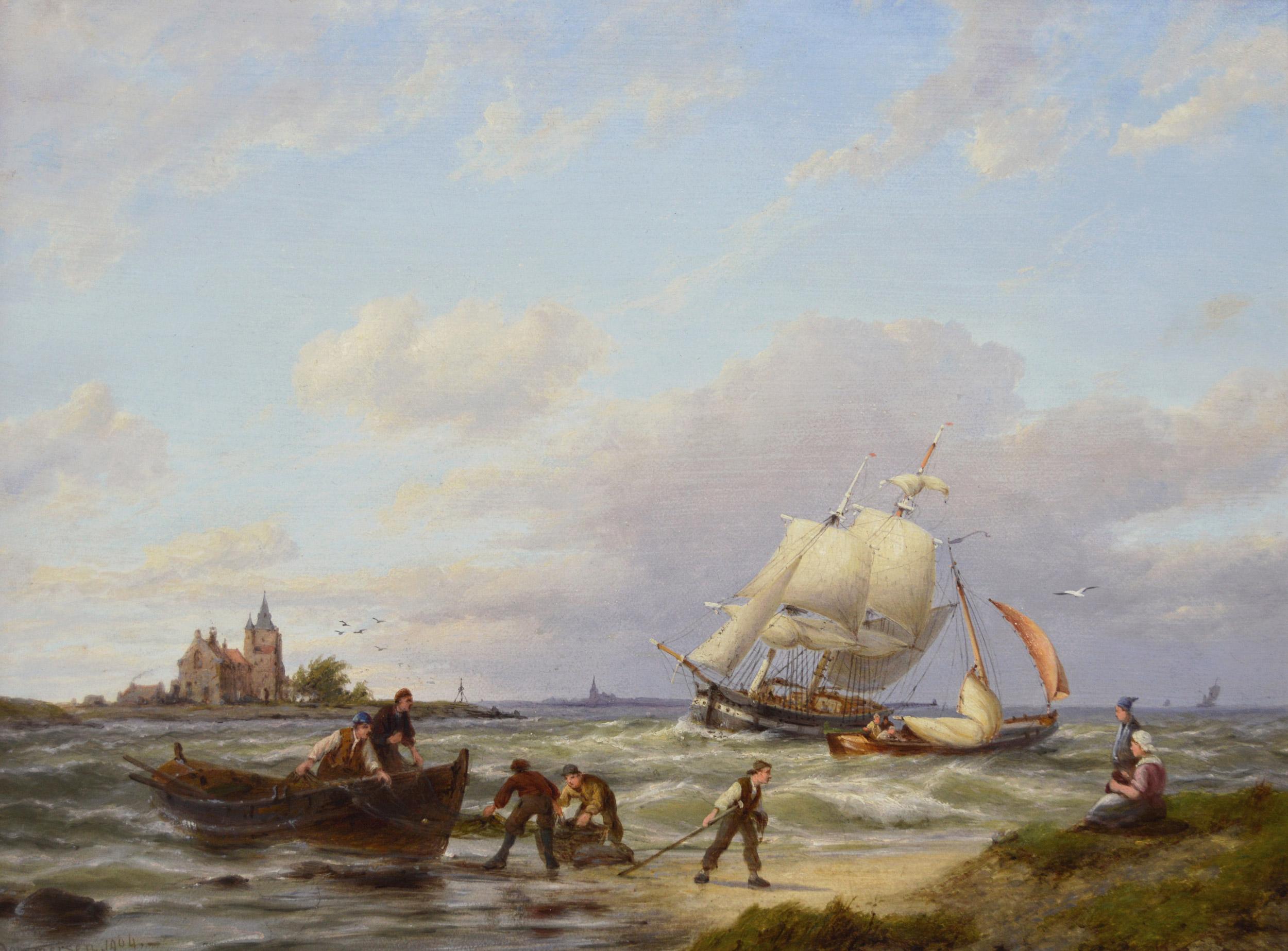 Pair of seascape oil paintings of fishing boats by a Dutch shore - Brown Landscape Painting by Dommersen, Pieter Cornelis