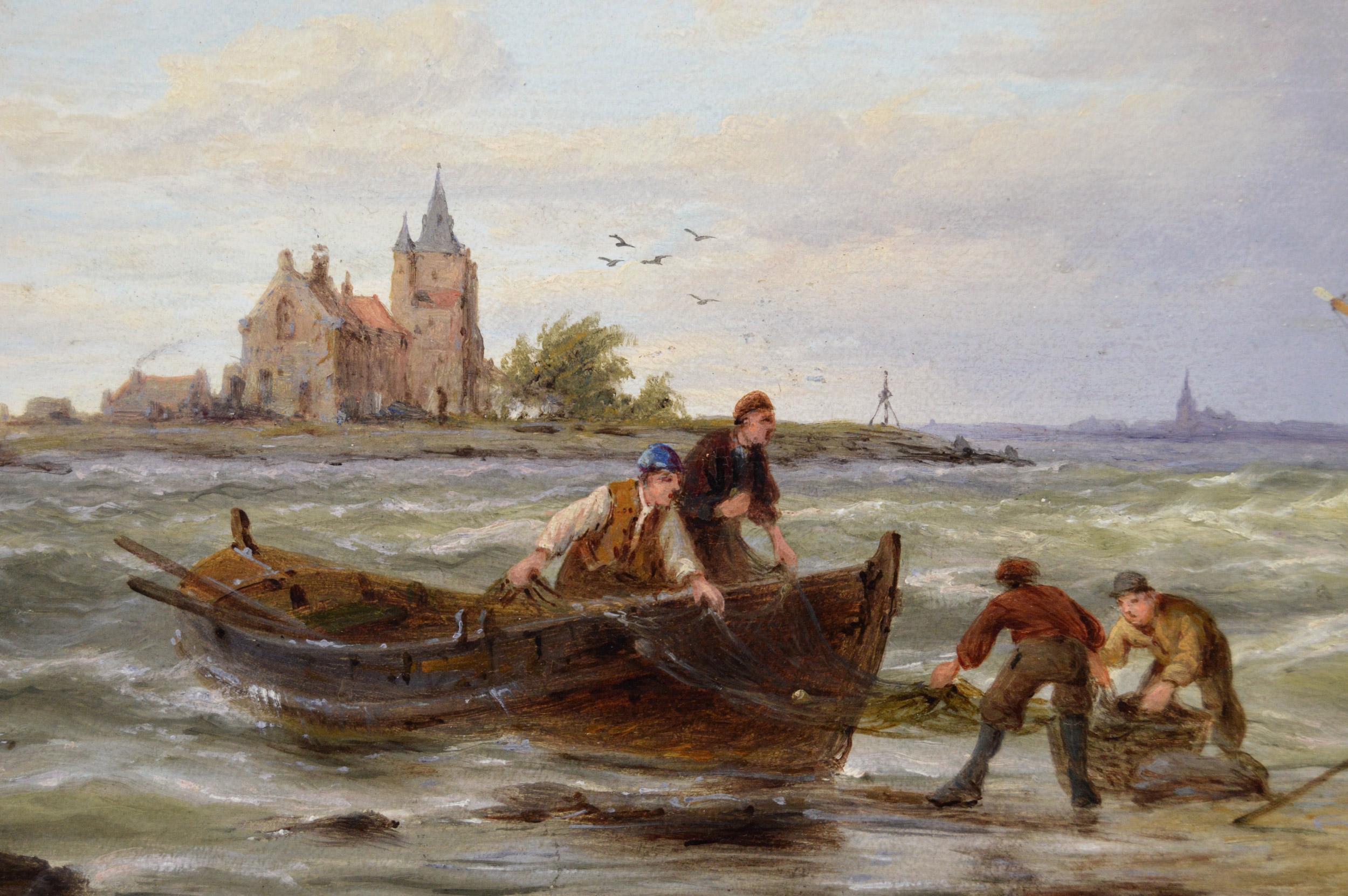 Coppia di dipinti ad olio di paesaggi marini che raffigurano barche da pesca su una spiaggia olandese in vendita 4