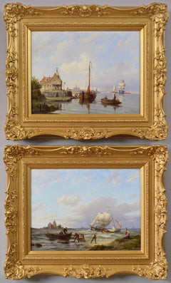 Paire de peintures à l'huile de paysages marins représentant des bateaux de pêche sur un rivage hollandais