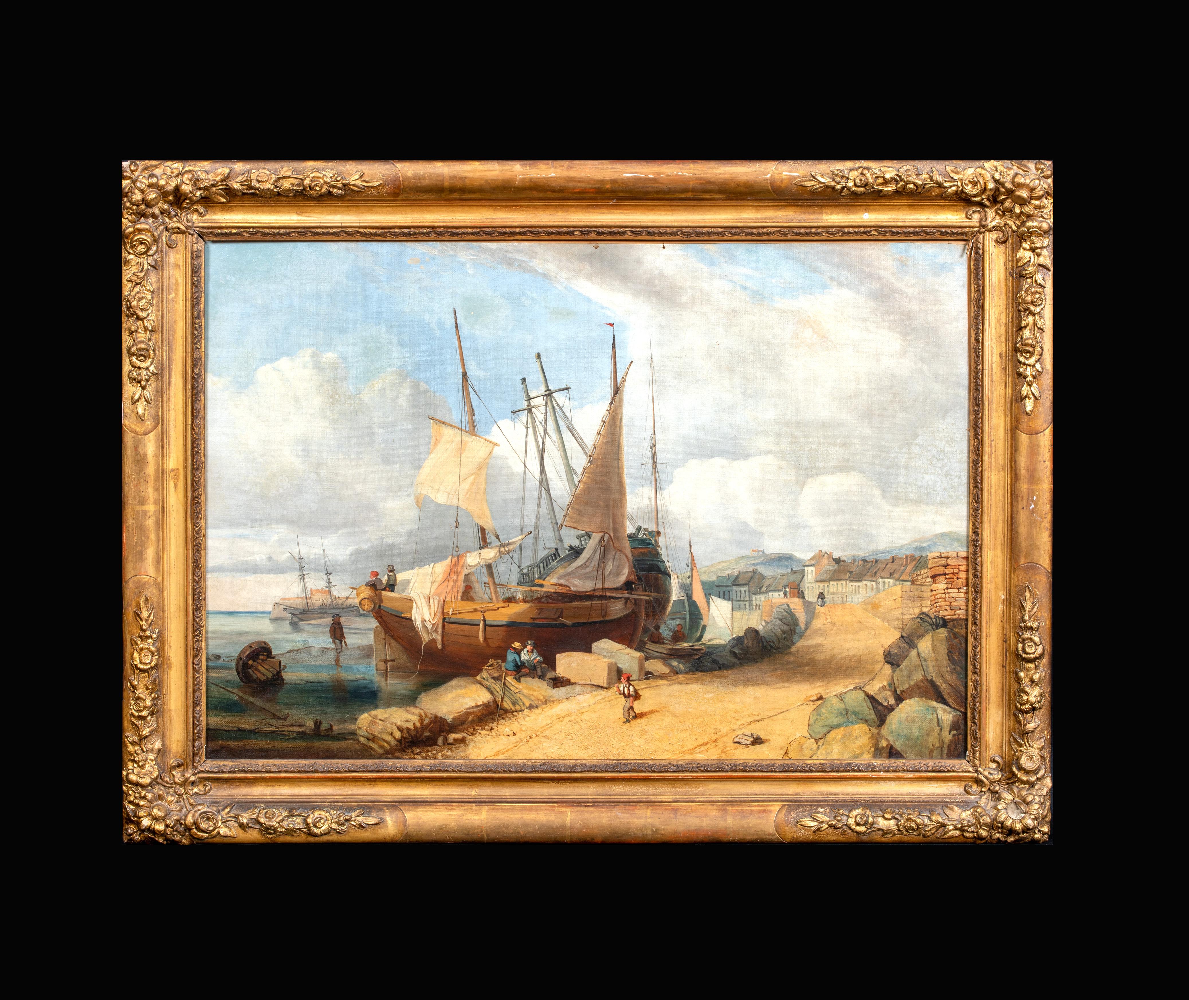 Ships & Fisherfolk, Normandy. 19th Century - Painting by Dommersen, Pieter Cornelis